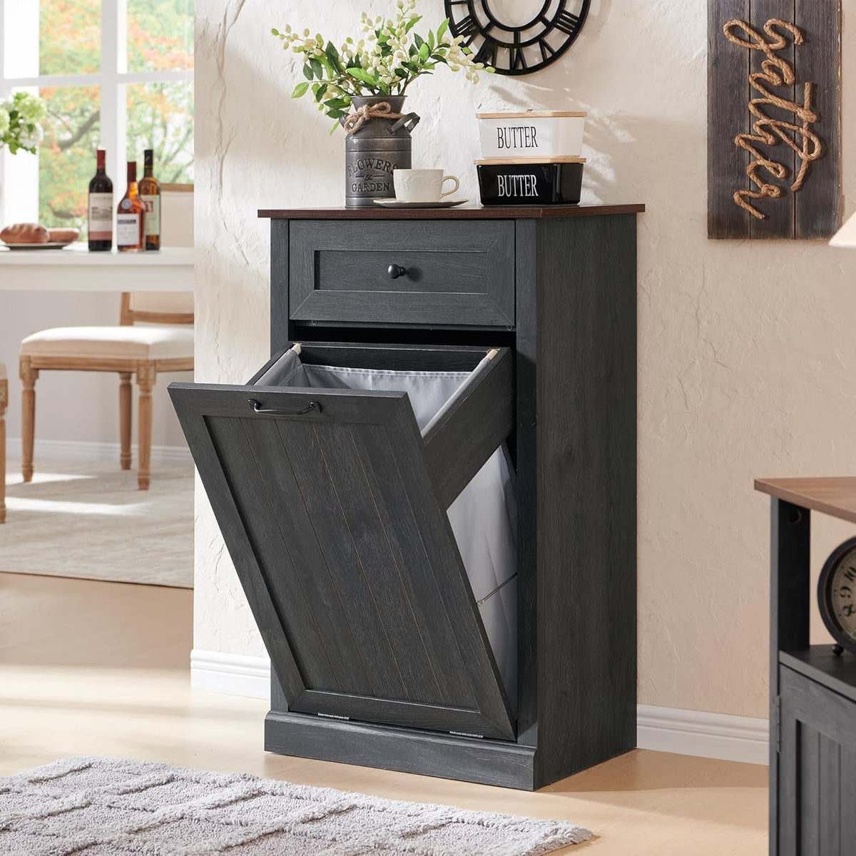 Tilt Out Laundry Hamper Cabinet, 10 Gallon Farmhouse Trash Can Cabinet with Drawer, Hidden Wood