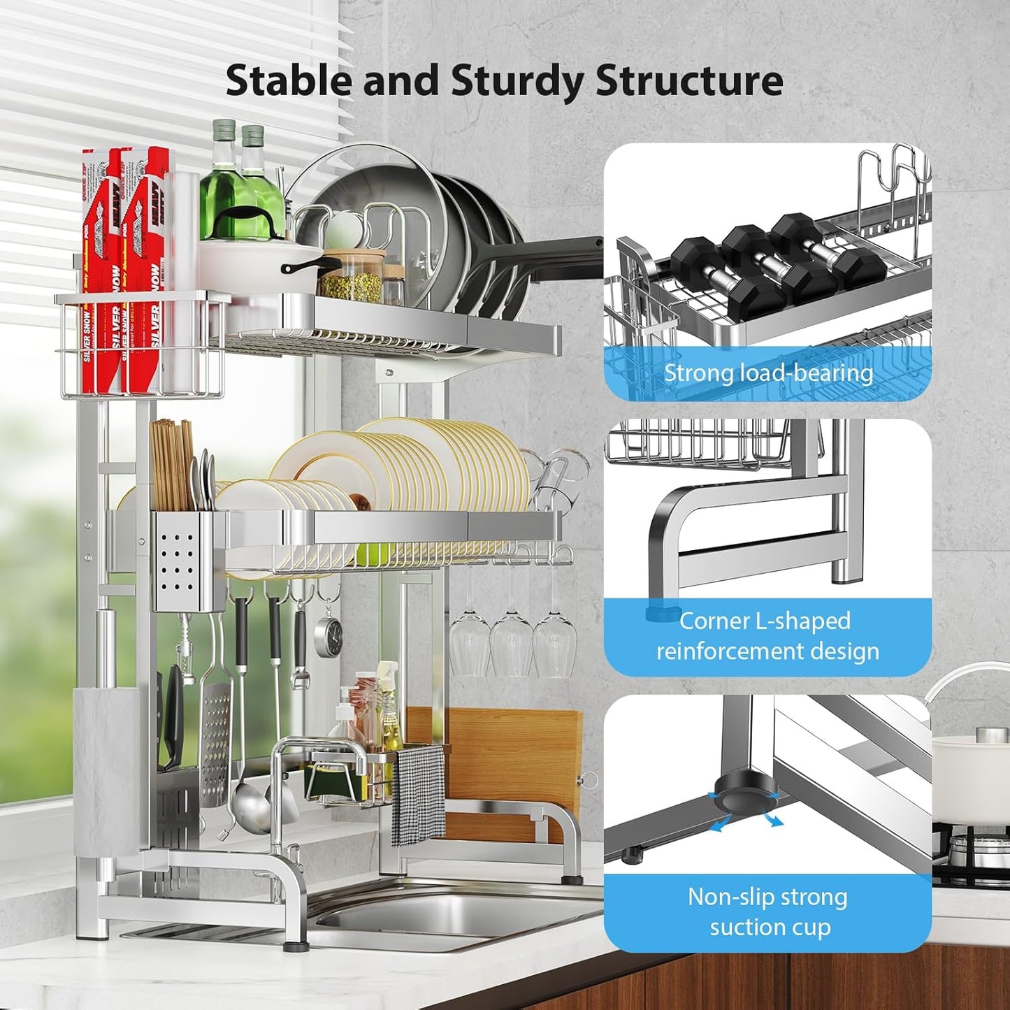 Over The Sink Dish Drainer Drying Rack, Full Stainless Steel 3-Tier Adjustable Length Over Sink
