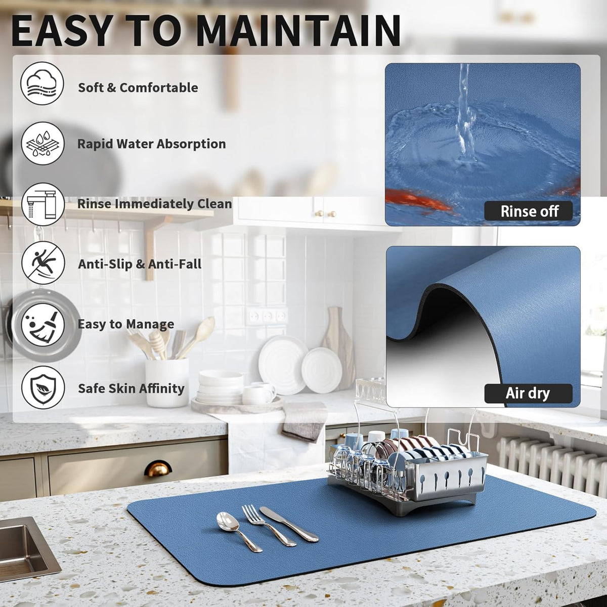Dish Drying Mat for Kitchen Counter, Heat Resistant Drainer Mats with Non-slip Rubber Backed, Hide