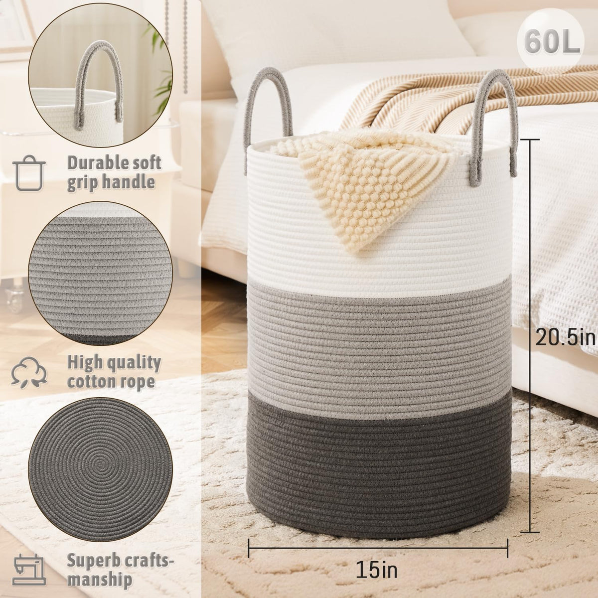 Laundry Basket,Woven Cotton Rope Laundry Hamper,60L for Decorative Storage of Dirty Clothes,Toys