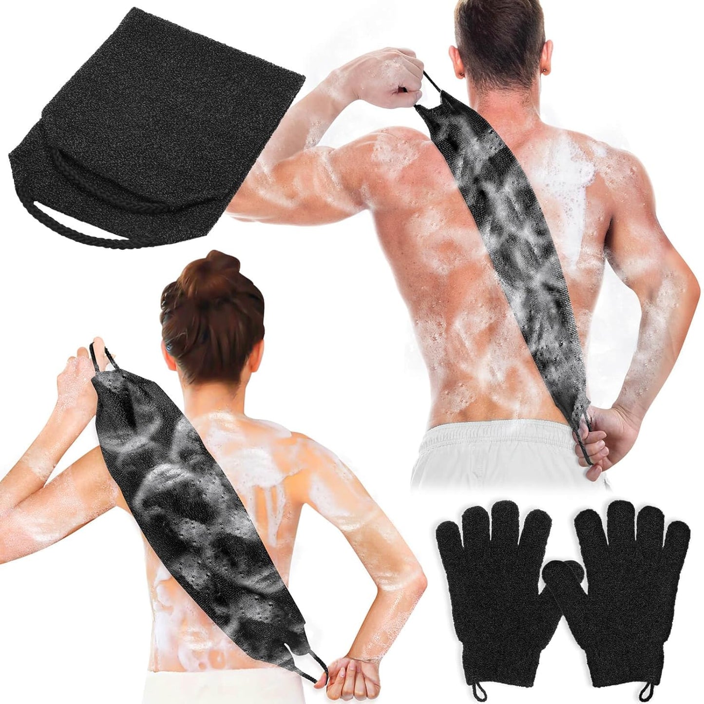 Anezus Exfoliating Back Scrubber Bath Gloves Set, Exfoliating Shower Towel with Shower Gloves for