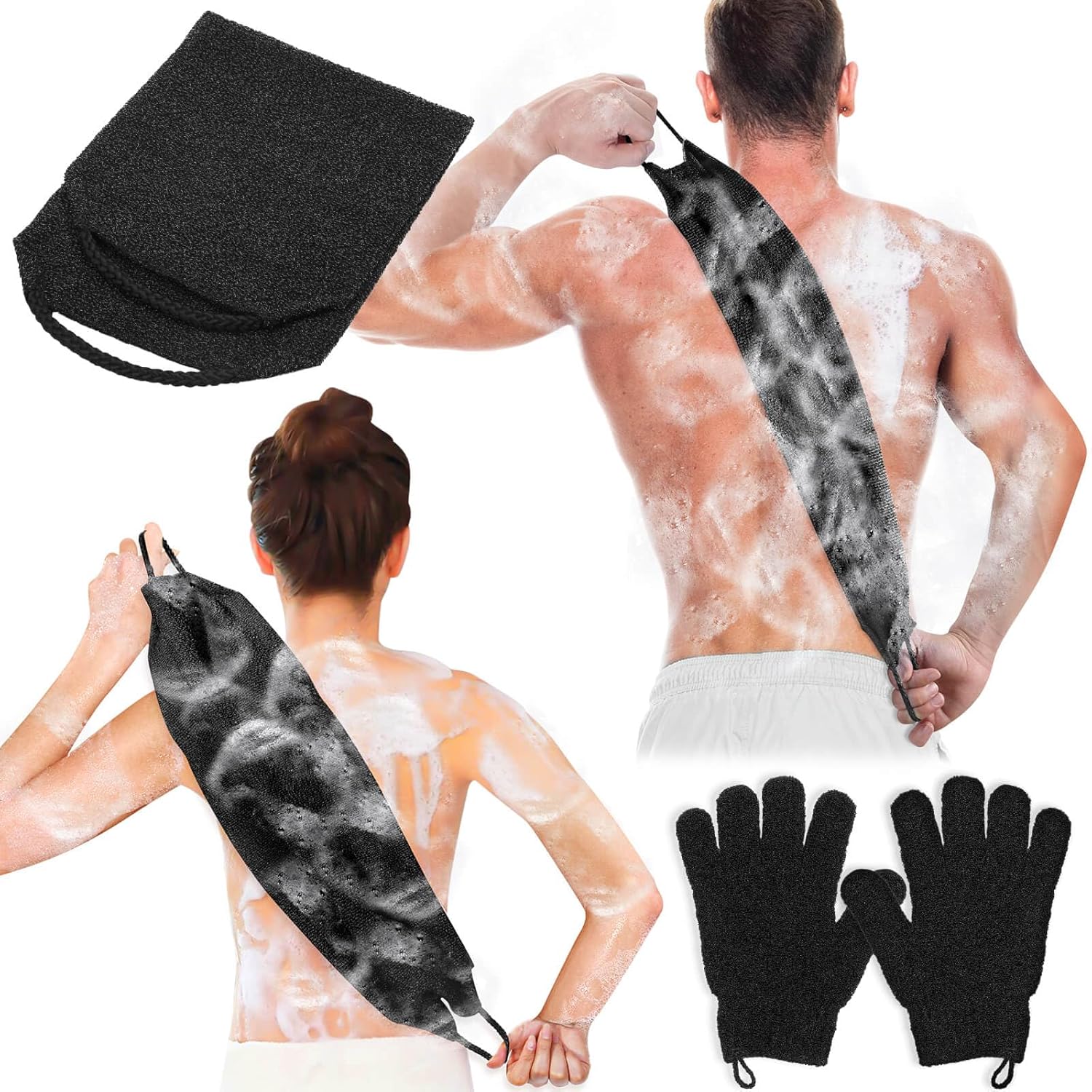 Anezus Exfoliating Back Scrubber Bath Gloves Set, Exfoliating Shower Towel with Shower Gloves for