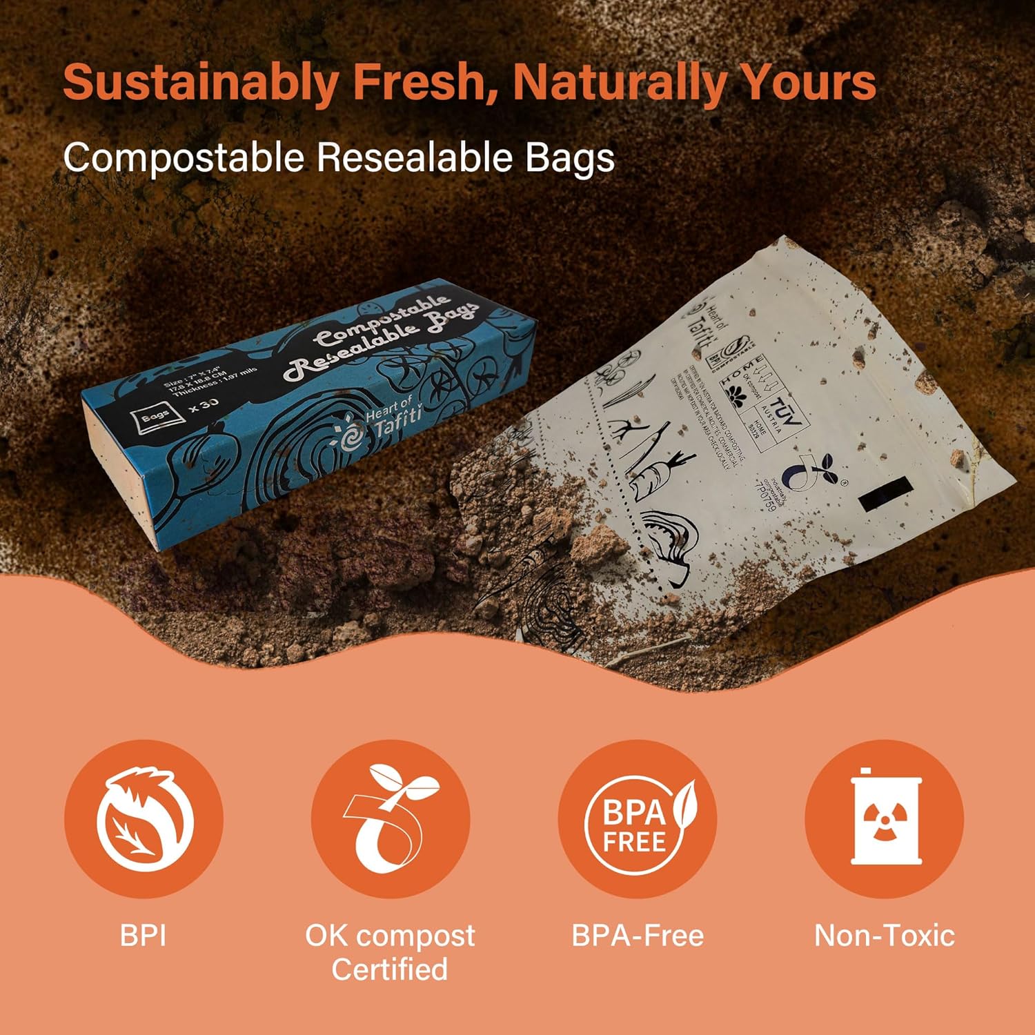Compostable Food Storage Bags, Resealable Quart Bags, 30 Count, 7 x 7.4 inches, Extra Thick and