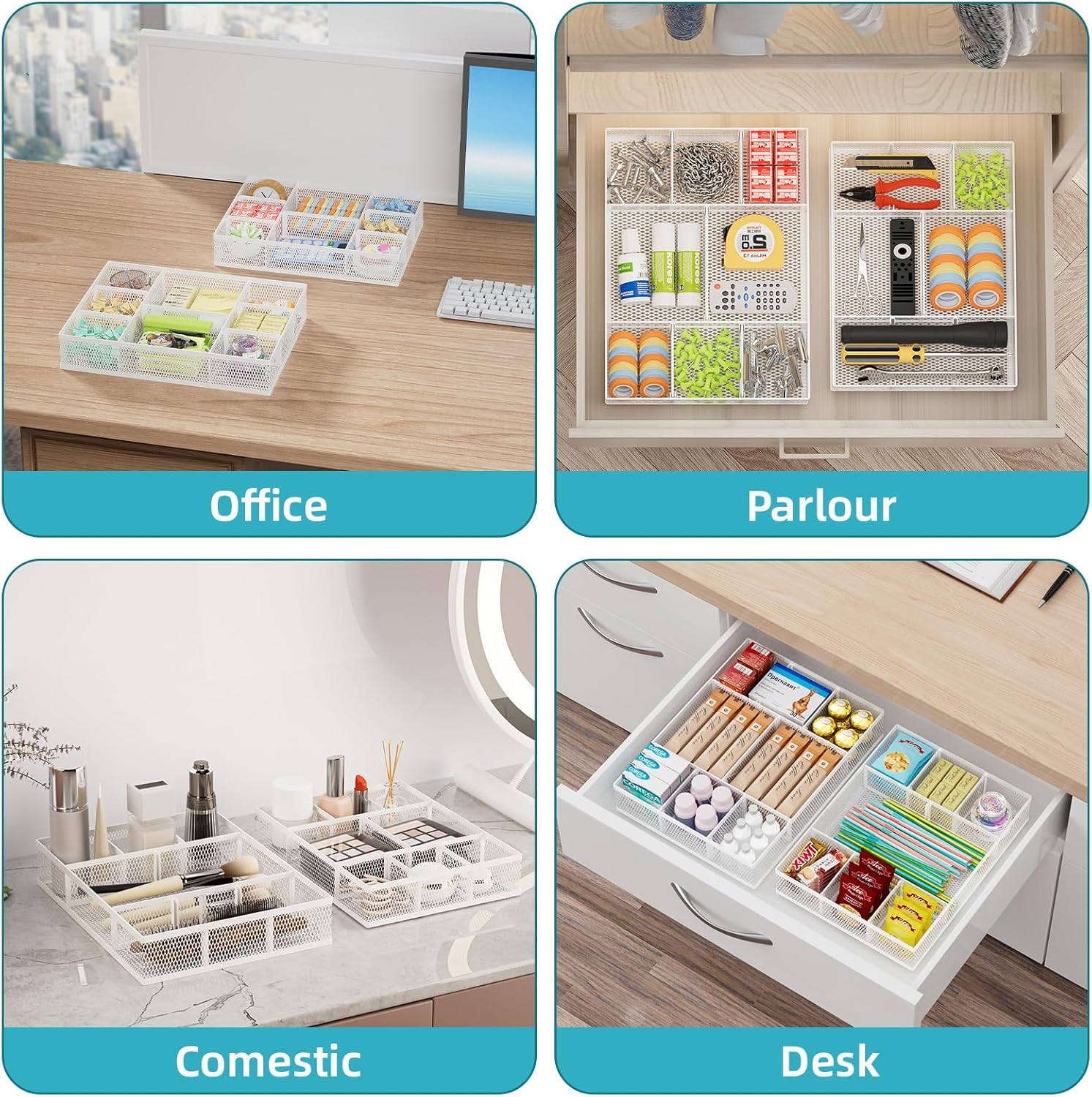 Marbrasse 2 Pack Desk Drawer Organizer, Mesh Drawer Organizer Tray with 8 Adjustable Compartments