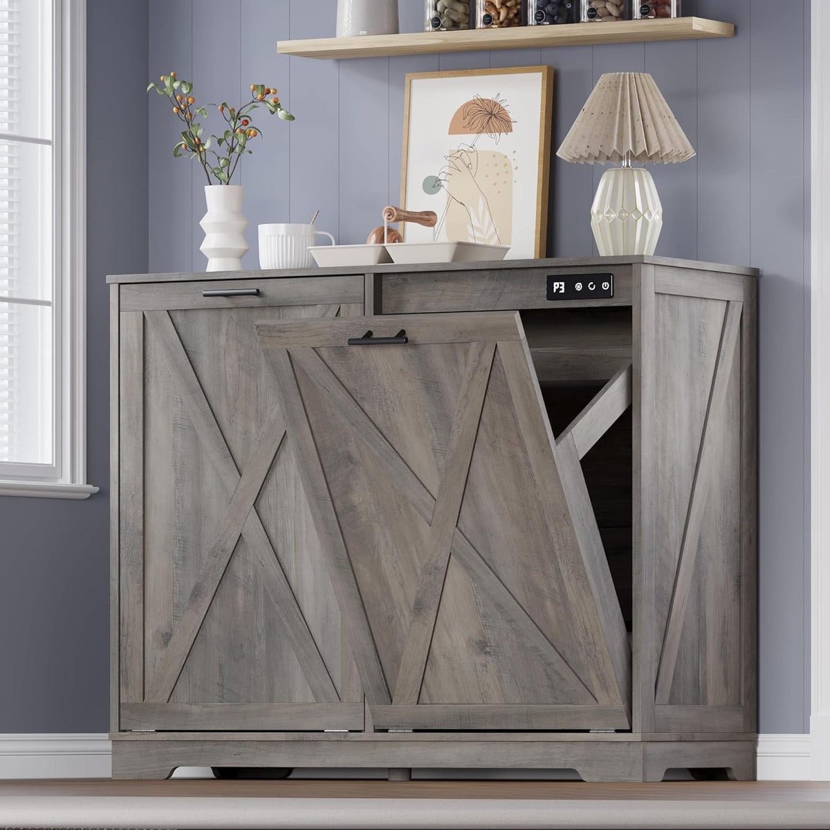 Tilt Out Trash Can Cabinet for 2 Bins, Hidden Recycle Garbage Bin Enclosure, Wooden Double Laundry