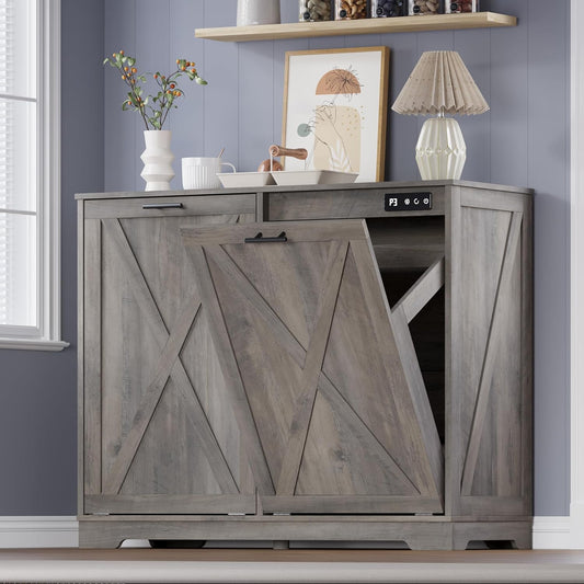 Tilt Out Trash Can Cabinet for 2 Bins, Hidden Recycle Garbage Bin Enclosure, Wooden Double Laundry