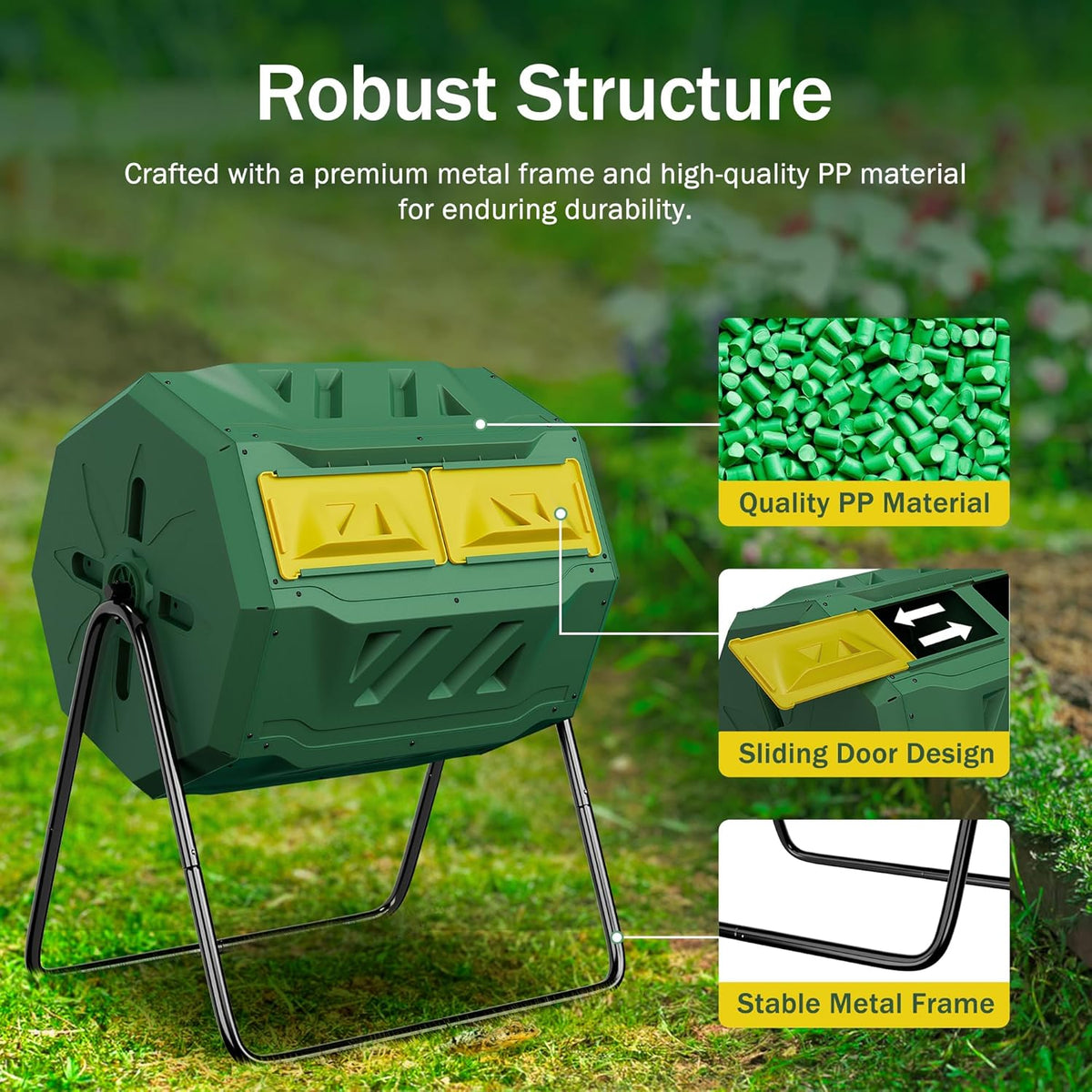 43 Gallon Outdoor Dual Chamber Tumbling Composter - BPA Free, Rotating Compost Bin with Sliding