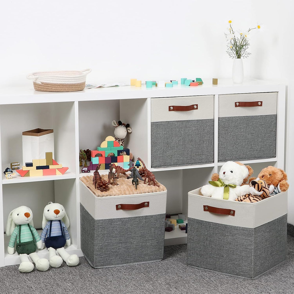 Temary 13x13 Storage Cubes 4 Pack Fabric Cube Storage Bins Large Storage Baskets with Leather
