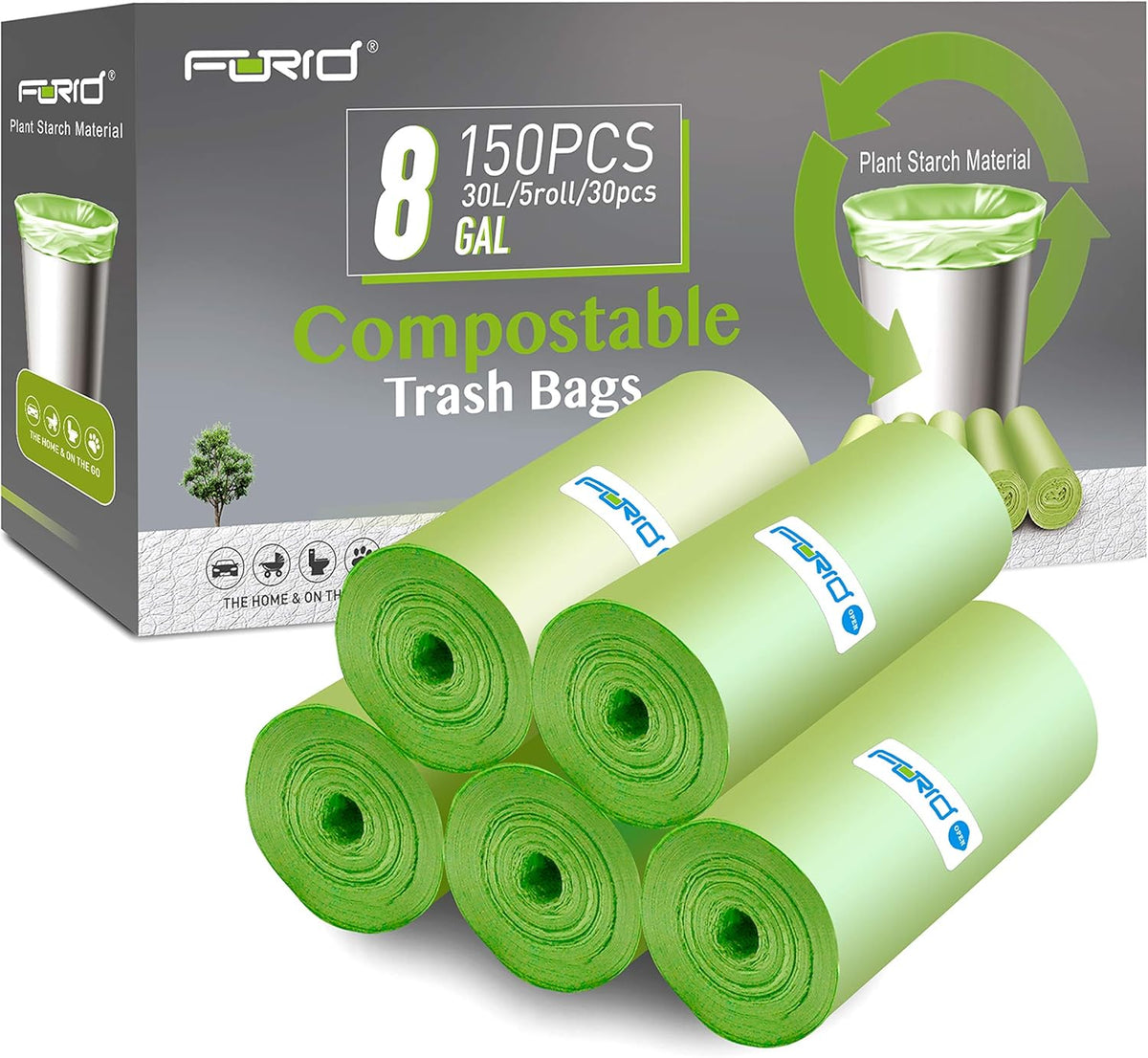 Compostable Trash Bags - FORID 8 Gallon Garbage Bags 150 Count Trash Can Liners 30 Liter Unscented