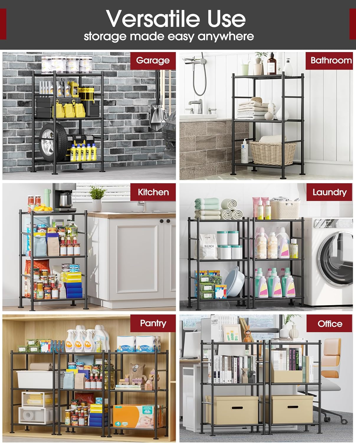 Storage Shelves - 3 Tier Shelf Organizer, Sturdy Metal Garage Shelving with Adjustable Leveling