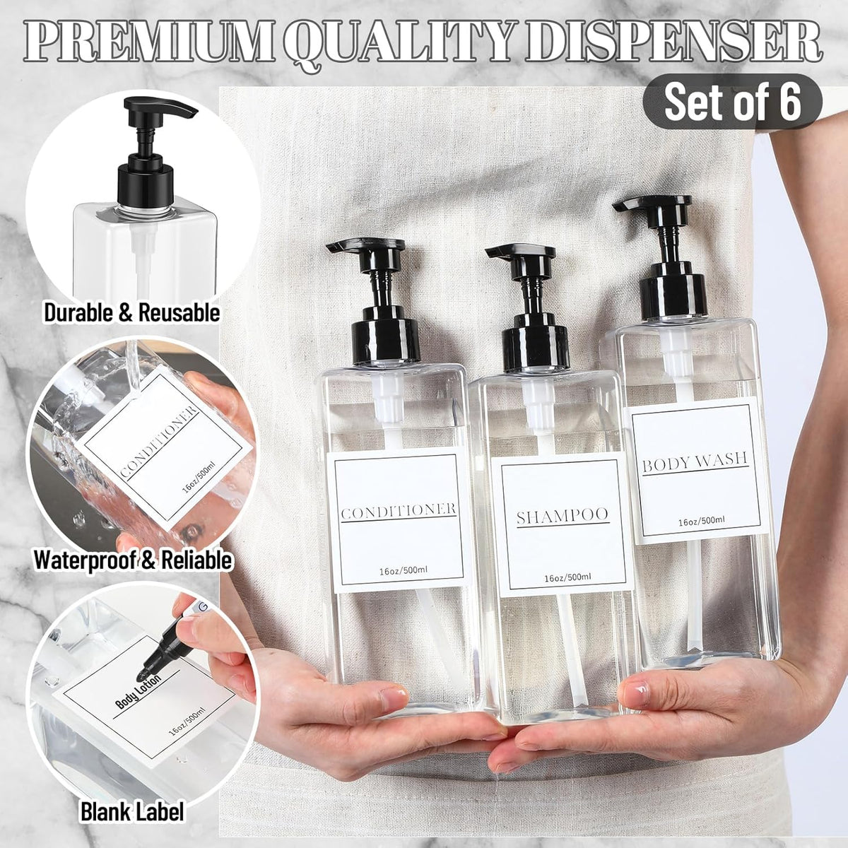 Tanlade 6 Pcs Shampoo and Conditioner Dispenser Bottles 16oz Modern Shower Soap Bottles with Pump