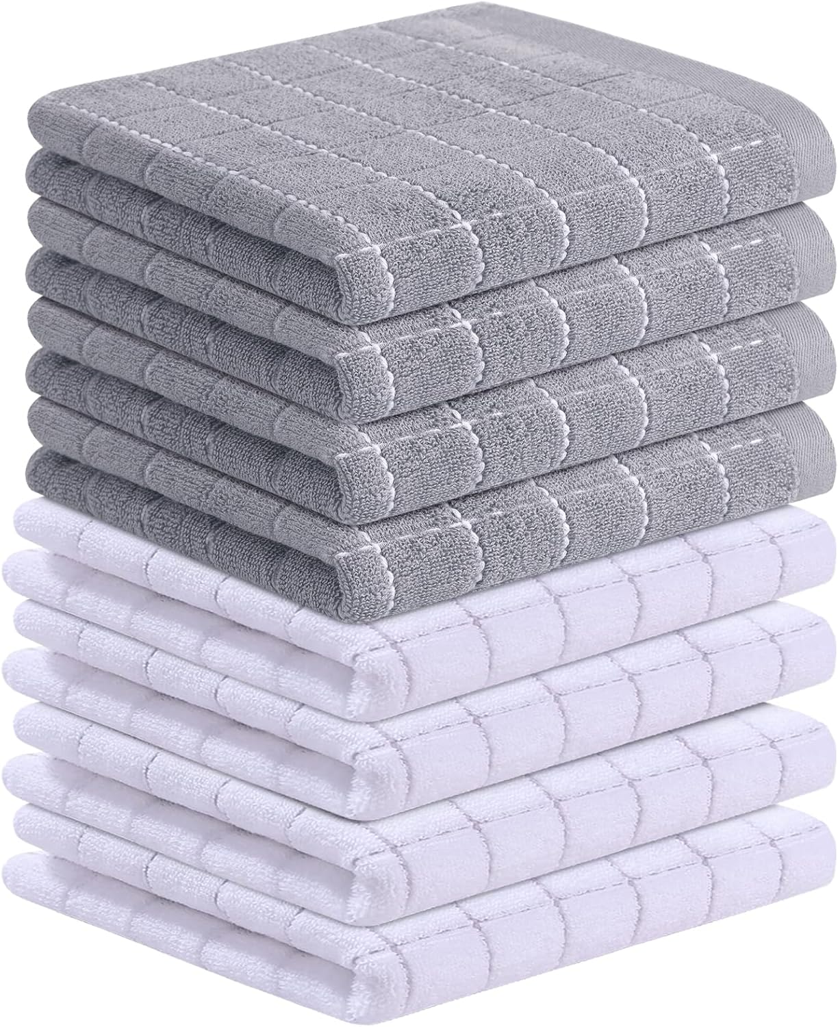 Homaxy 100% Cotton Terry Kitchen Towels(White and Light Grey, 13 x 28 Inches), Checkered Designed