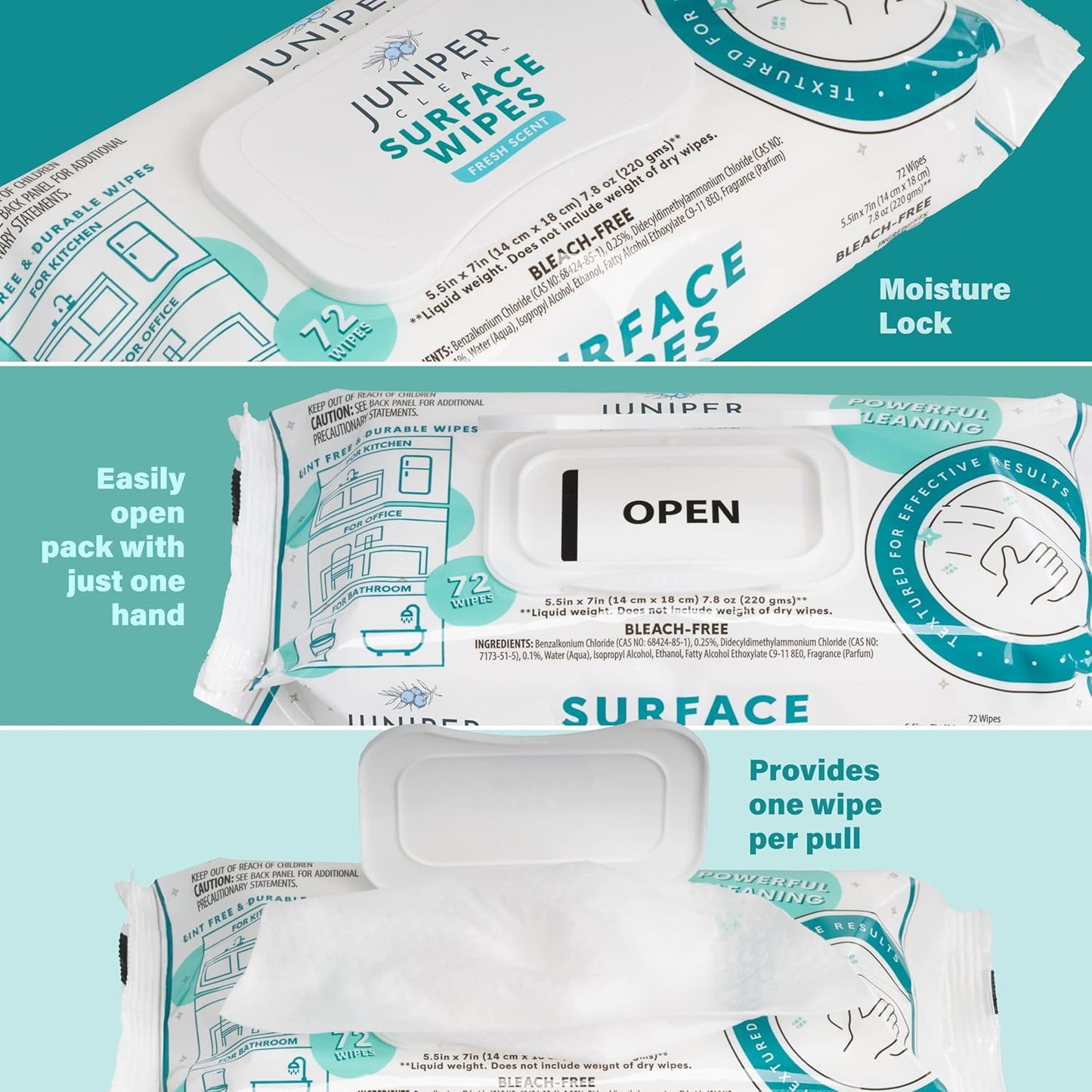 24 Pack Surface Cleaning Wipes Bleach Free, All-Purpose Cleaner for Bathroom, Kitchen, Office, 1728