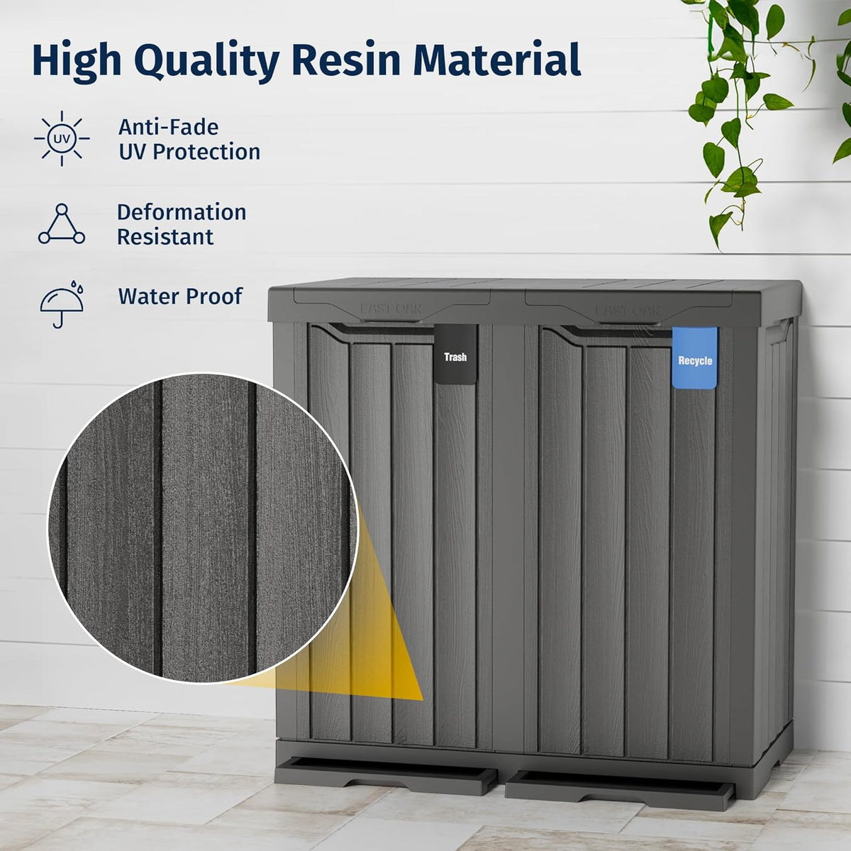 EAST OAK 62 Gallon Outdoor Trash Can | Waterproof Resin Garbage Can with Recycle and Garbage Labels