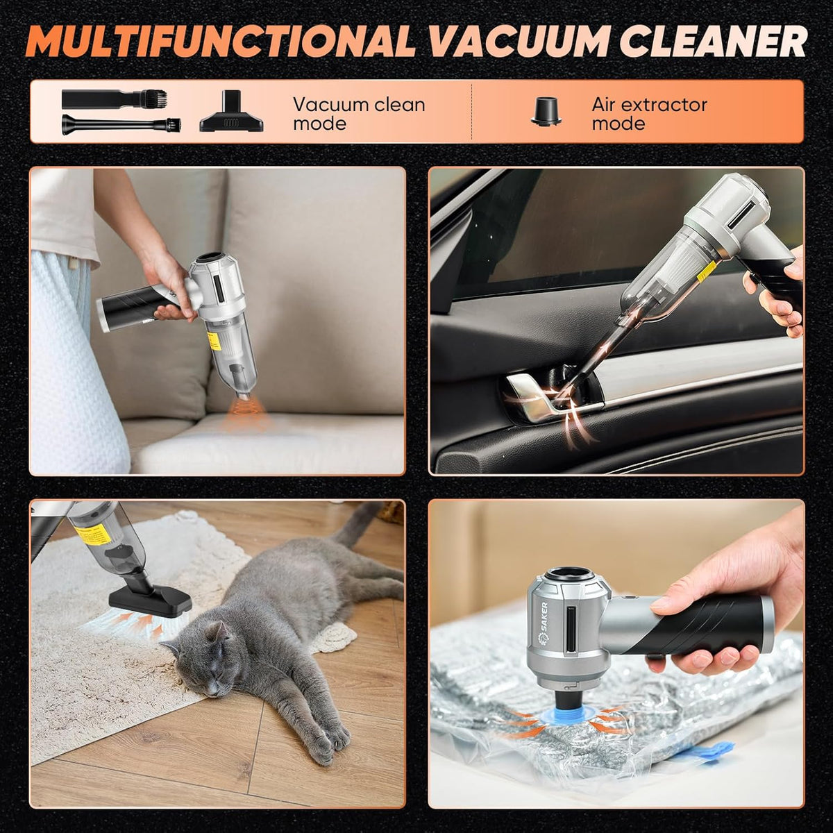 Saker Portable Handheld Vacuum Cordless Portable 17000PA Foldable Car Vacuum Cleaner Mini Dust