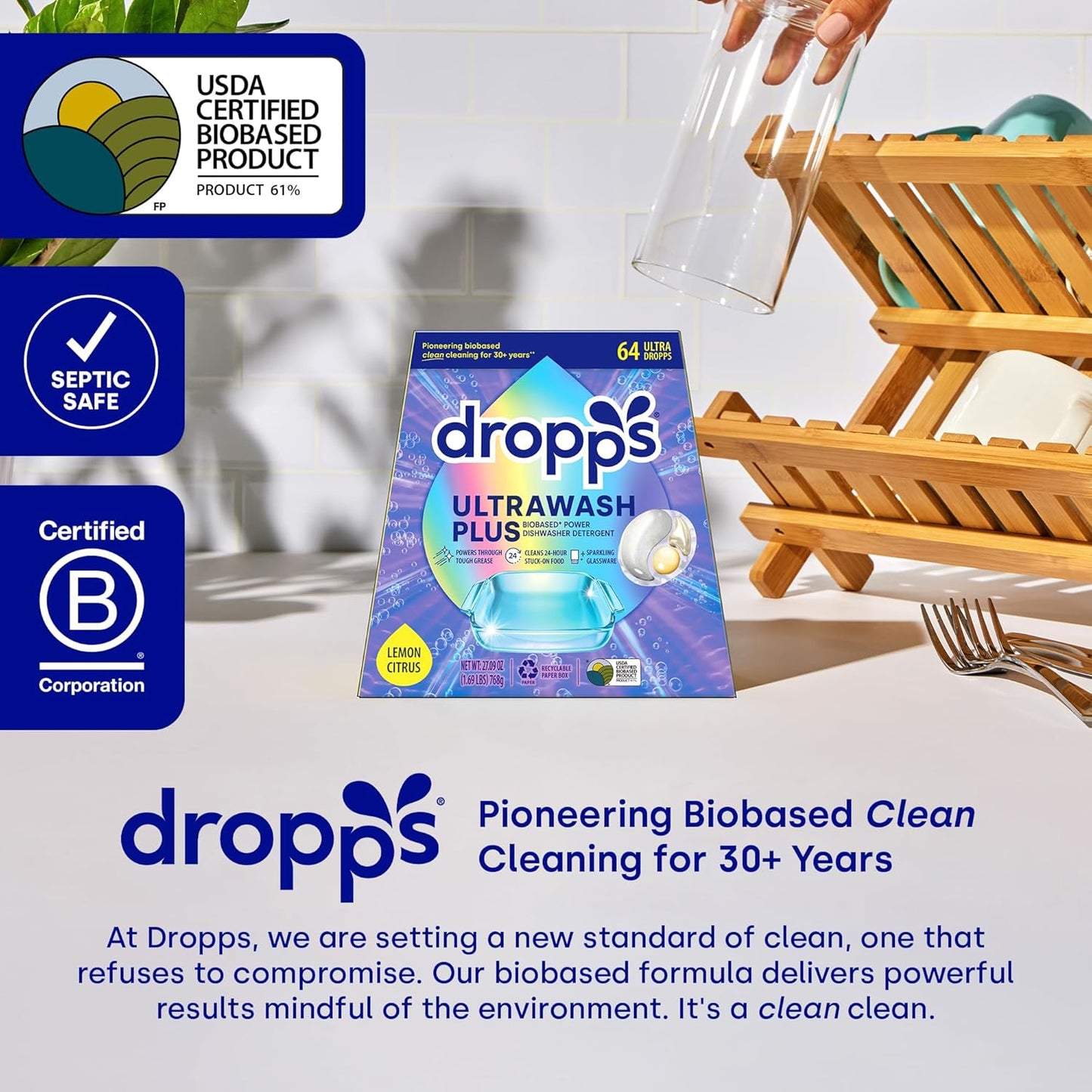 Dropps UltraWash Plus Dishwasher Detergent, Lemon Citrus (64 Pods) - Triple Action Biobased Power