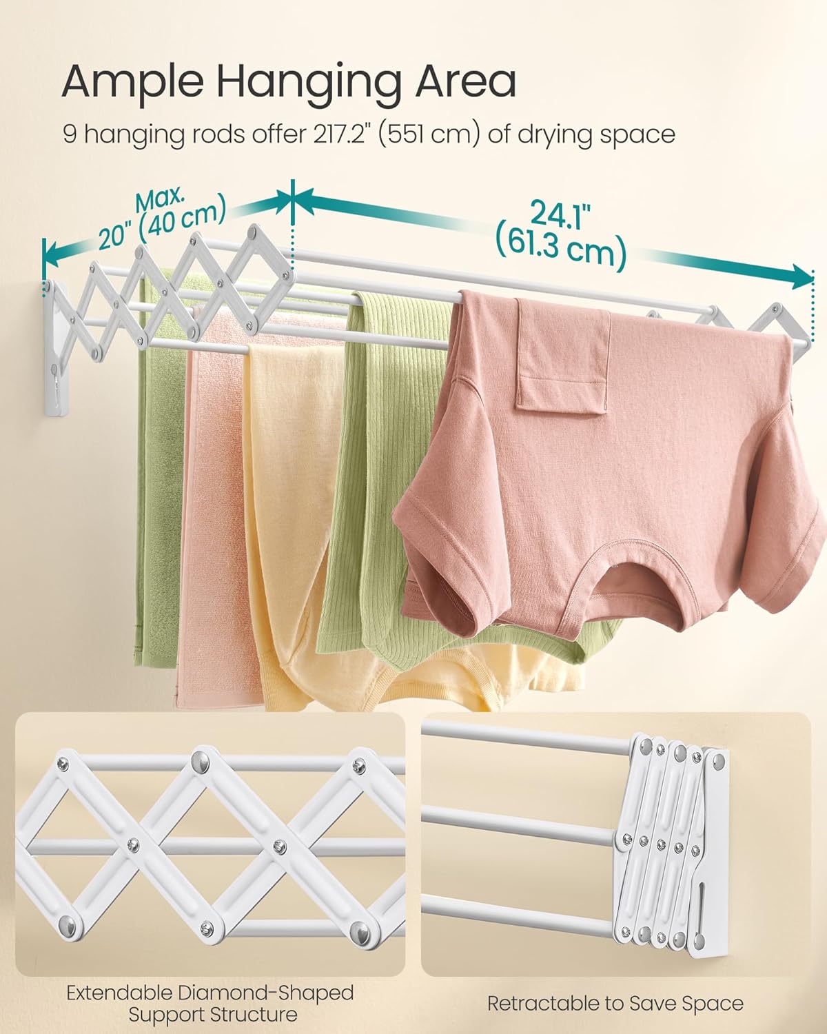 SONGMICS Clothes Drying Rack, Wall-Mounted Drying Rack Clothing, Accordion Laundry Rack, 9