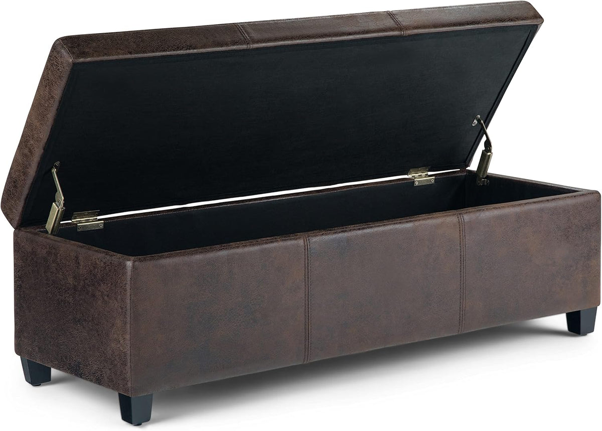 SIMPLIHOME Avalon 48 inch Wide Contemporary Rectangle Storage Ottoman Bench in Distressed Brown