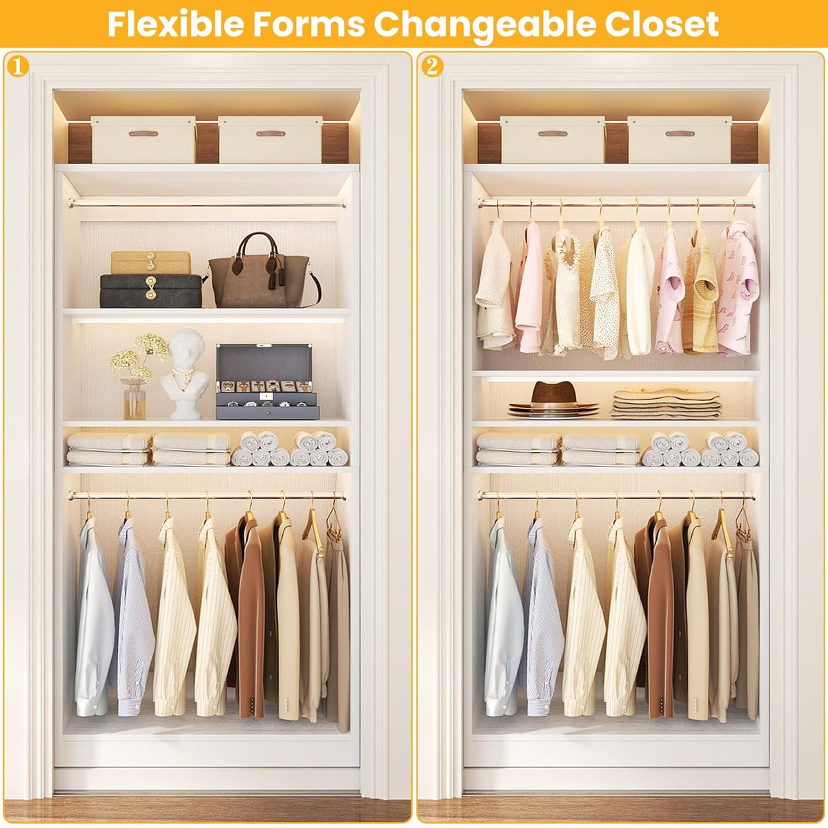 Unikito 3FT Freestanding Closet System with 2 Hanging Rods & Adjustable Shelve, 36'' Wood Closet
