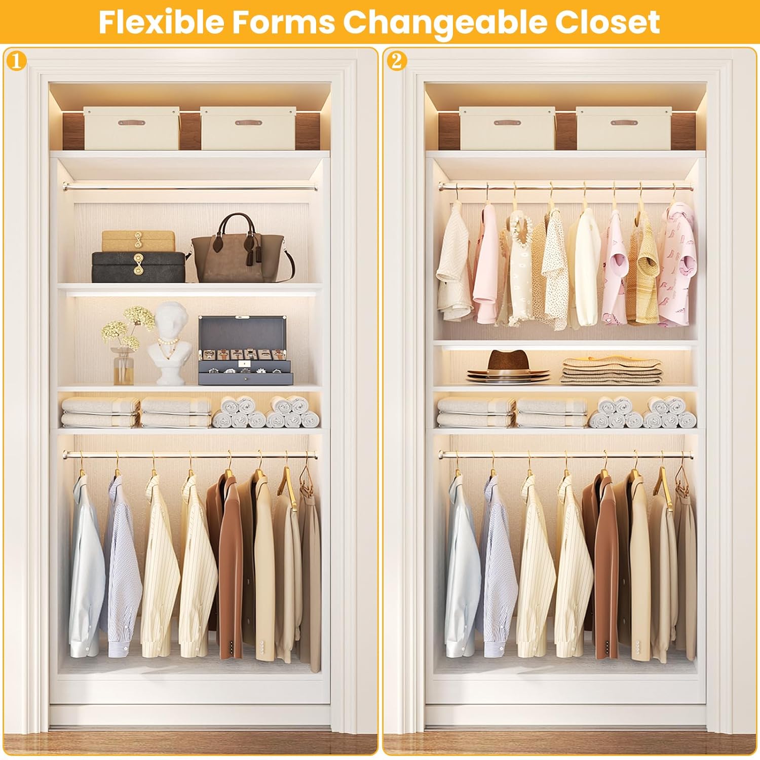 Unikito 3FT Freestanding Closet System with 2 Hanging Rods & Adjustable Shelve, 36'' Wood Closet
