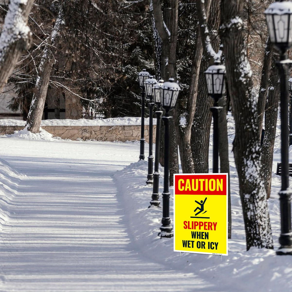 Caution Slippery When Wet or ICY Sign, (SI-84404) (2 Pack) Double Sided 12x18 Inches, Corrugated