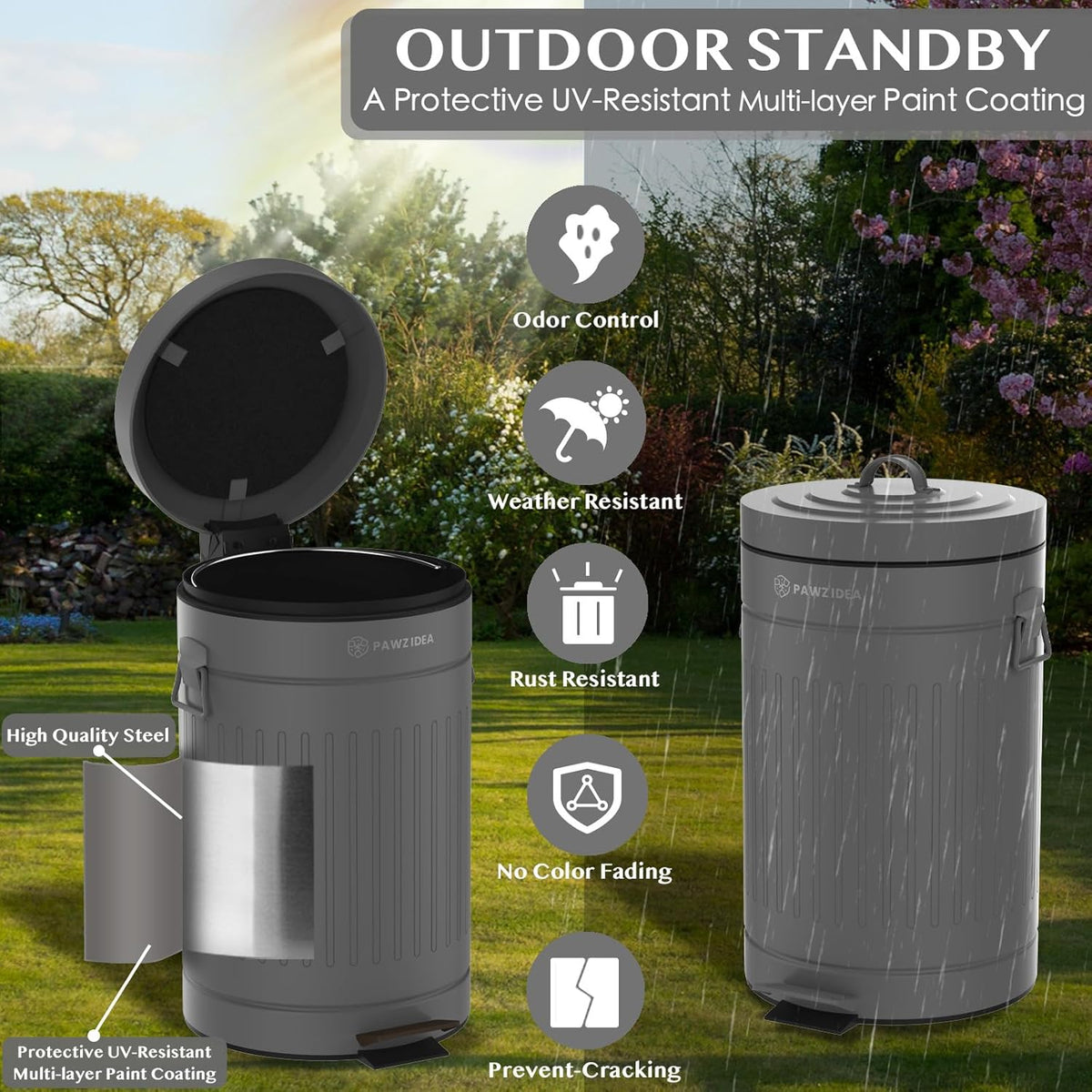 PAWZIDEA Dog Poop Trash Can Outside Odor Control, 3.1Gallon Large Pet Poop Can Outdoor with Lid No