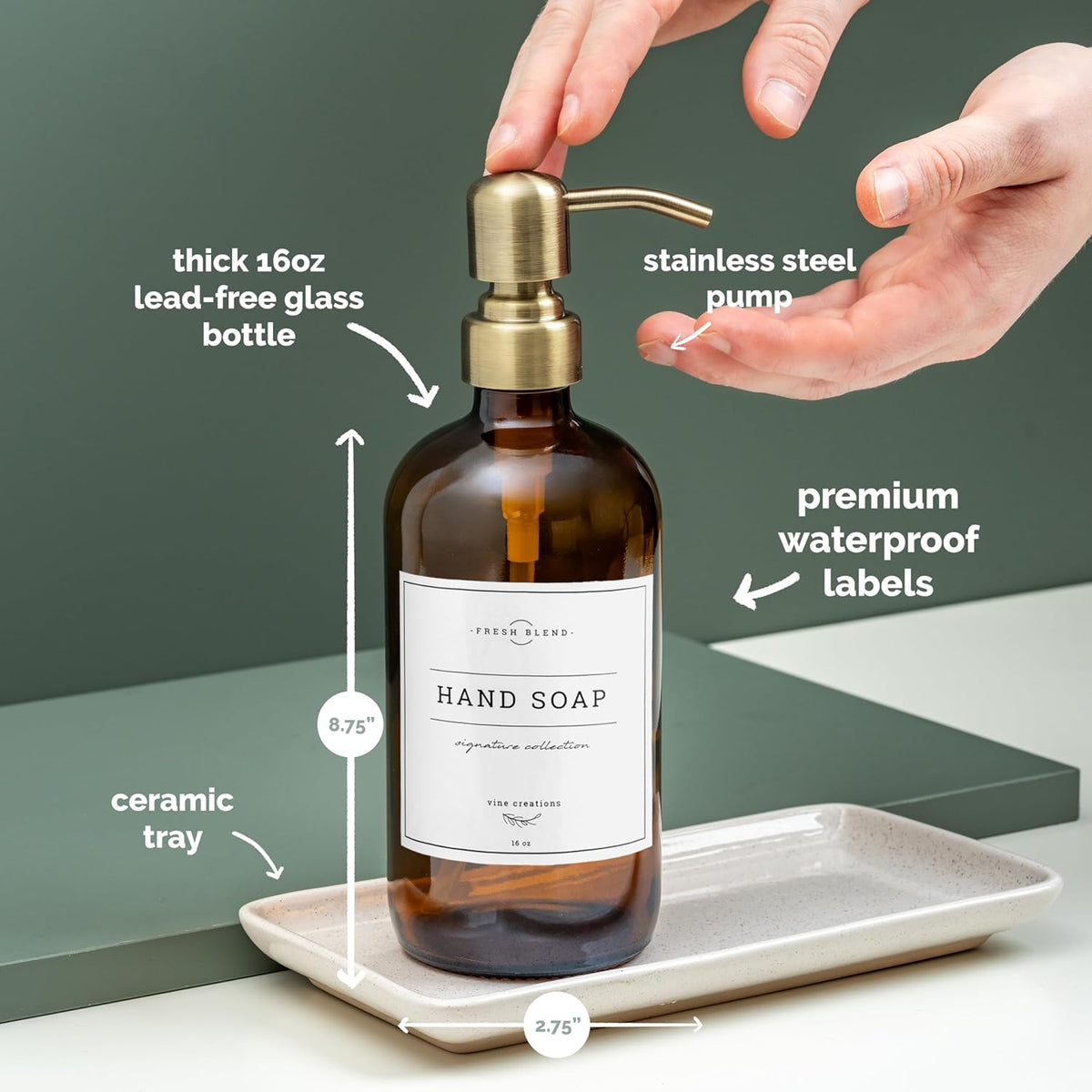 Vine Creations Amber Glass Soap Dispenser, 2 Pack Kitchen Soap Dispenser Set with Ceramic Tray