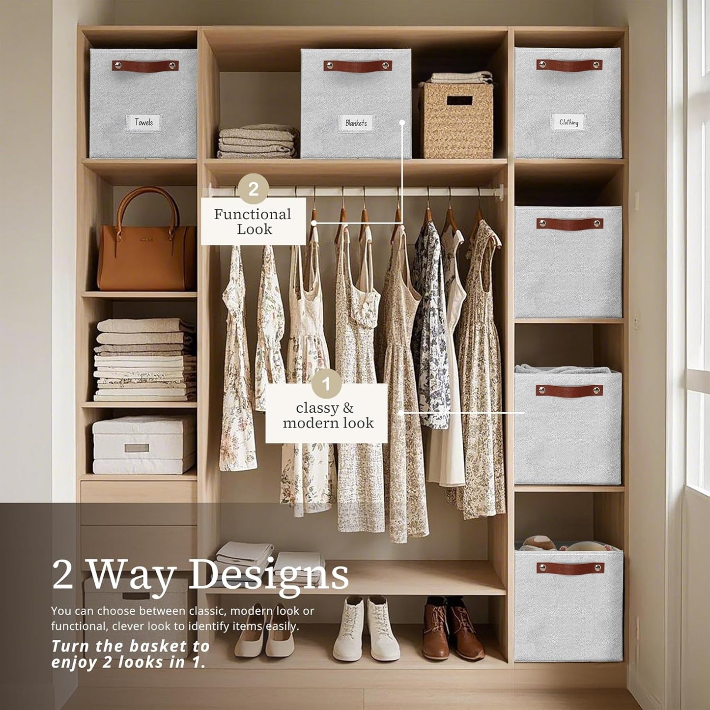 DECOMOMO Storage Bins, Cube Storage Bin with Labels, Fabric Storage Cubes for Shelves (11" / 6pcs