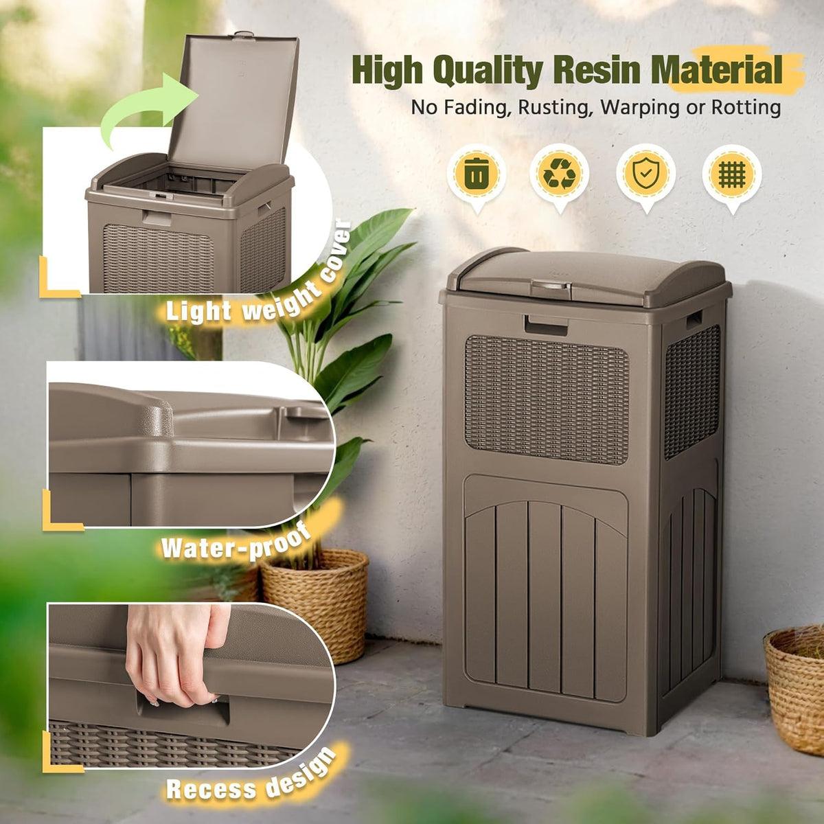 Devoko 33 Gallon Outdoor Trash Can with Dual Lid, Heavy Duty Waterproof Resin Garbage Bins Outside