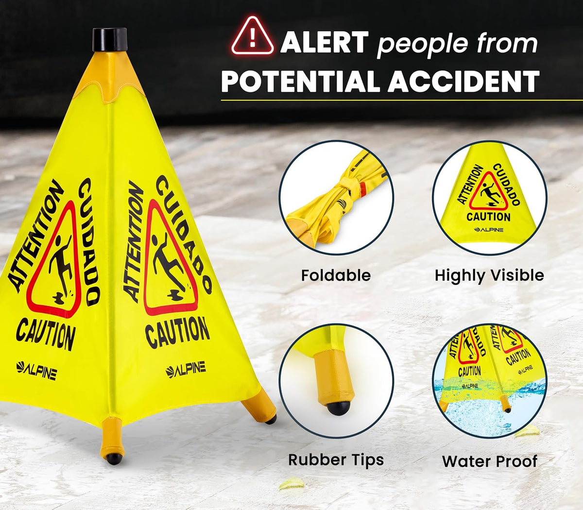 Alpine Caution Wet Floor Sign 3 Pack - Pop Up Slippery When Wet Sign, Wall Mounted Foldable