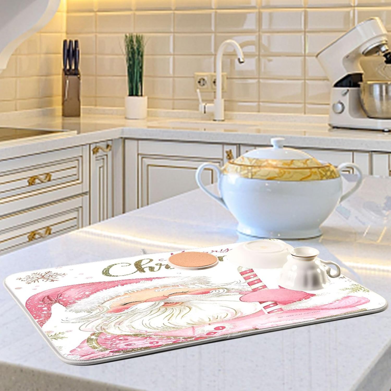Christmas Santa Claus Pink Dish Drying Mat for Kitchen Countertop 16x18 Xmas Candy Cane Snowflake
