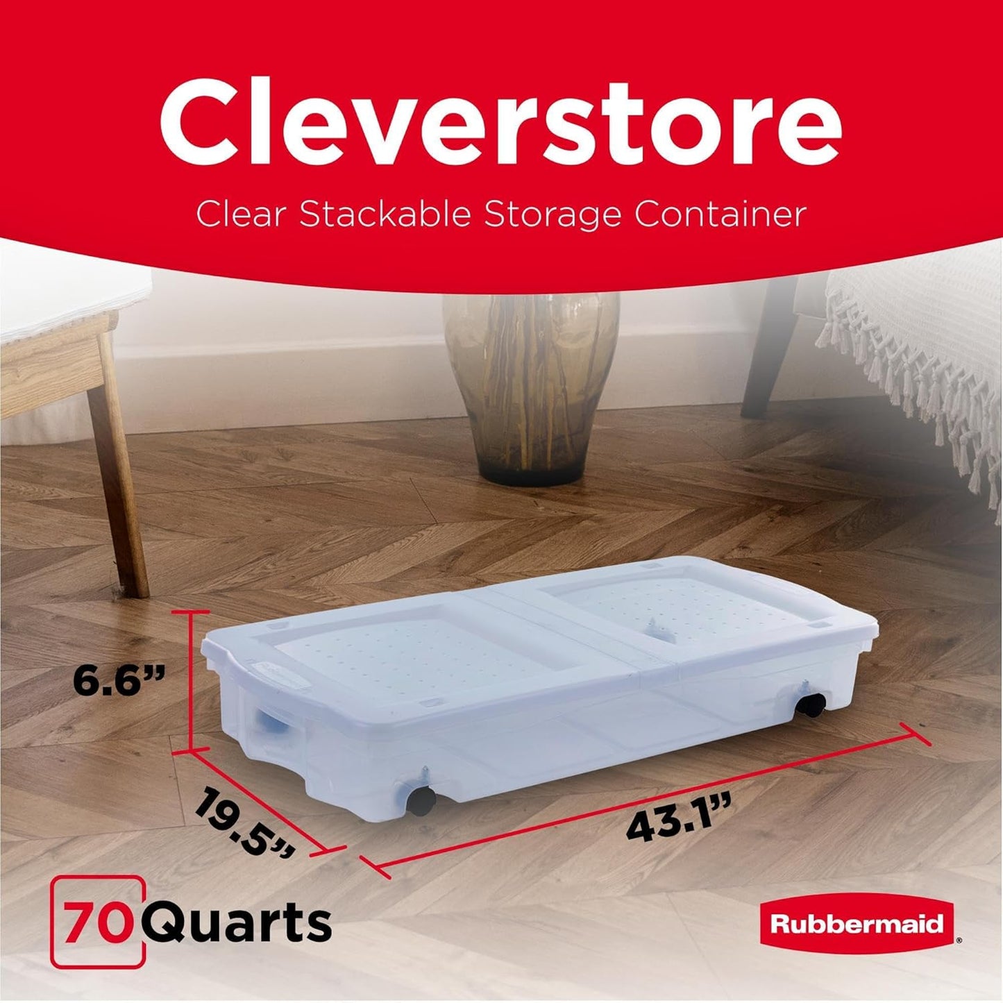 Rubbermaid 70 Quart Under the Bed Low Profile Storage Boxes with Dual Hinged Lids and Easy Rolling