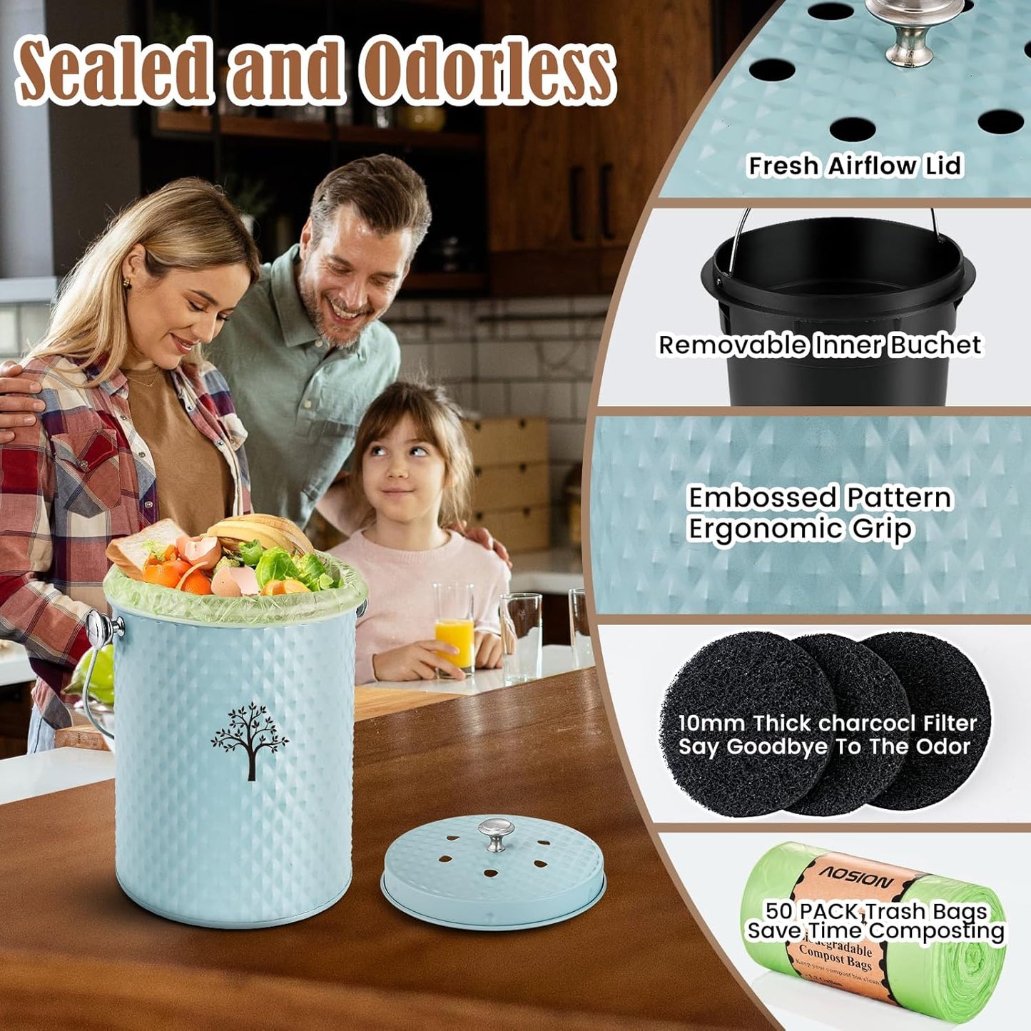 AOSION Countertop Compost Bin Kitchen,Odor Resistant Indoor Compost Bin with Lid and Compost