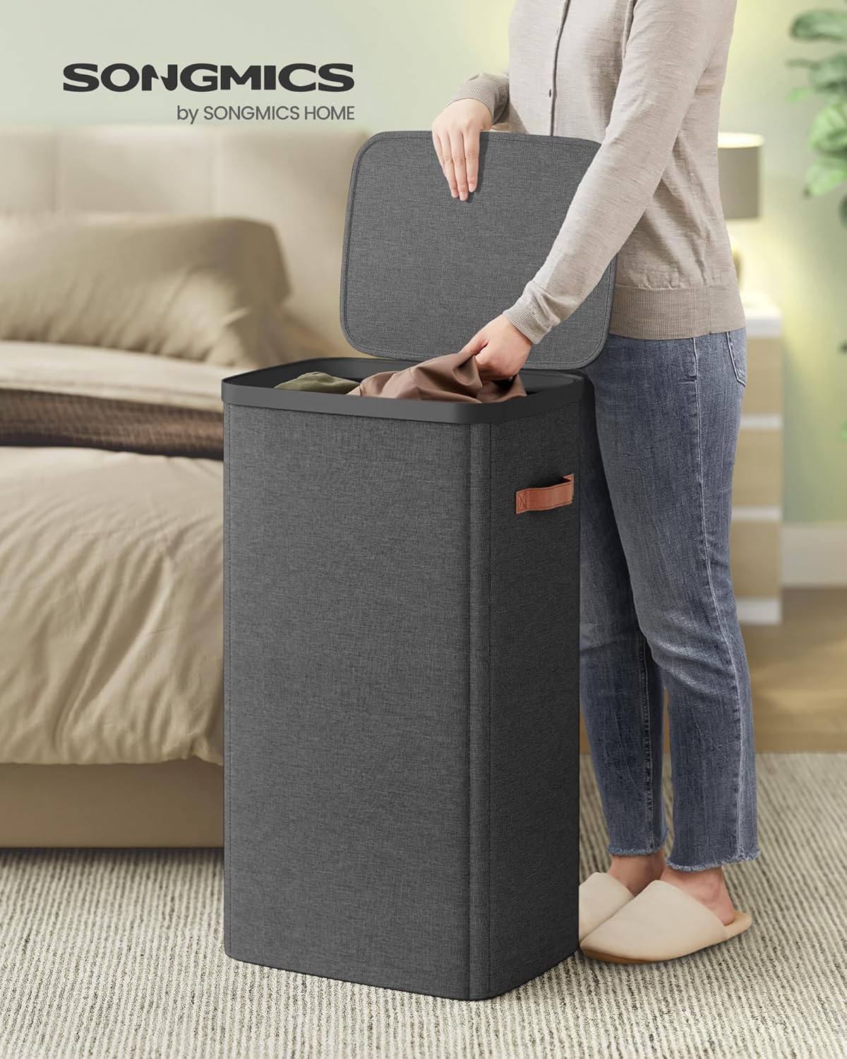 SONGMICS Laundry Basket, 26.4 Gal. Laundry Hamper, Easy Assembly, with Lid and Handles, Removable