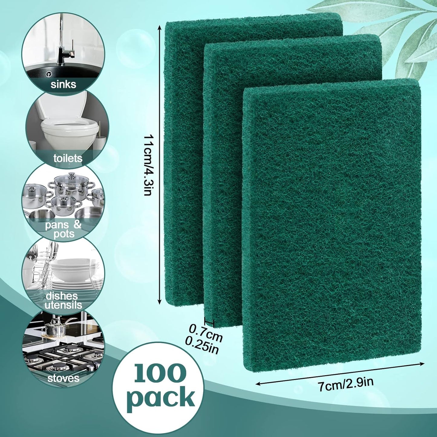 Hoolerry 100 Pcs Heavy Duty Scouring Pads Non Scratch Household Scrub Pads for Cleaning Reusable