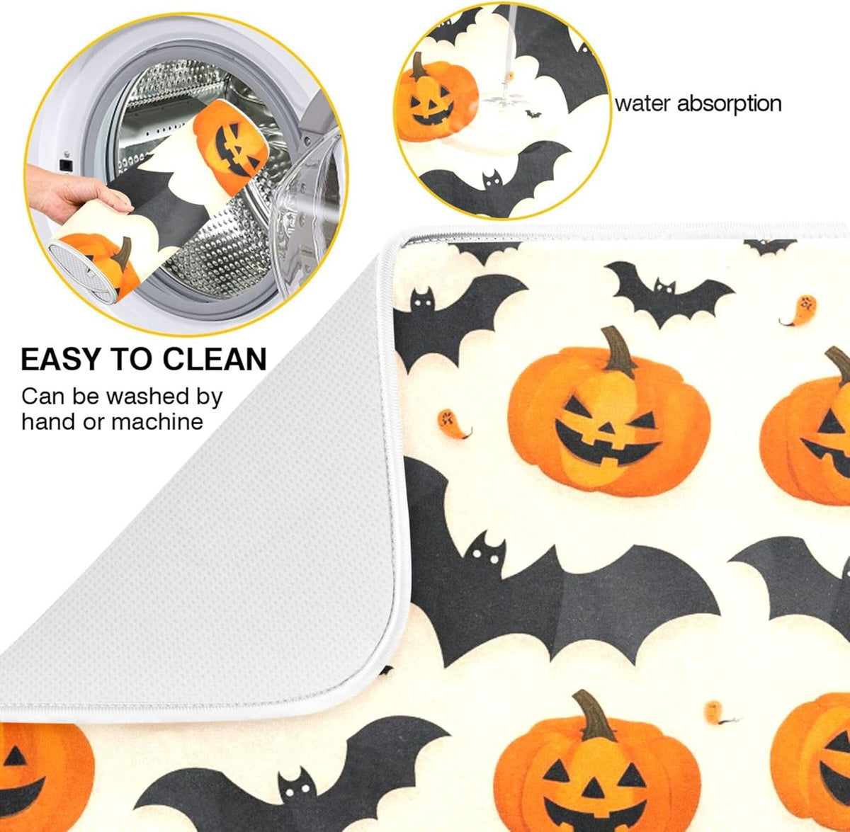 Halloween Black Bat Dish Drying Mat for Kitchen Countertop 16x18 Spooky Evil Pumpkin Lantern Small