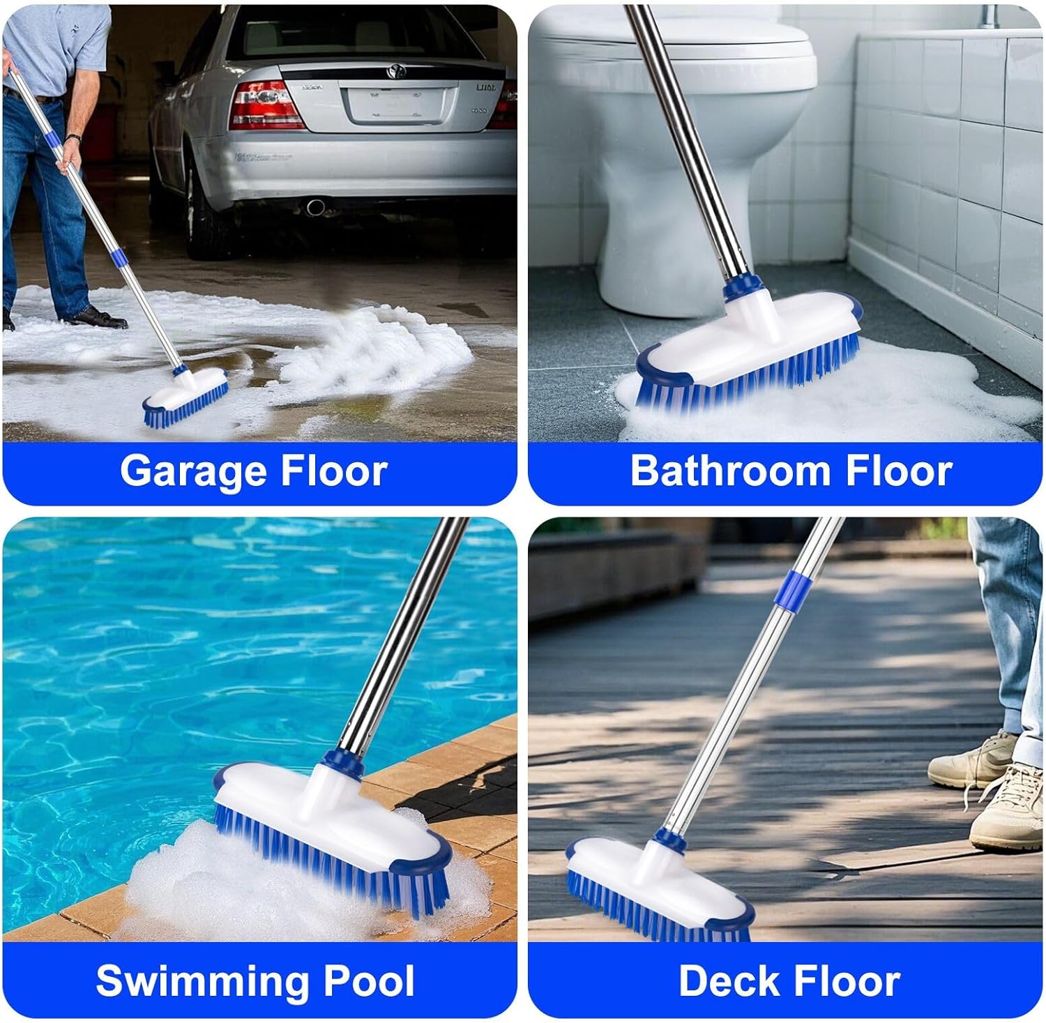 ITTAHO Floor Scrub Brush with Long Handle, 2 in 1 Deck Scrub Brush, Stiff Bristle Scrub Broom &