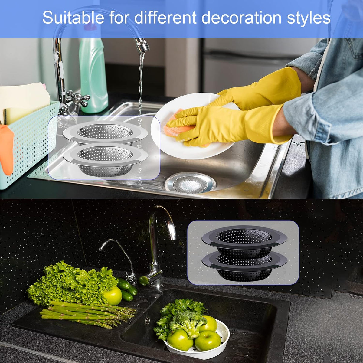Kitchen Sink Drain Strainer, 4 Pack Stainless Steel and Black Mesh Sink Strainer for Kitchen with