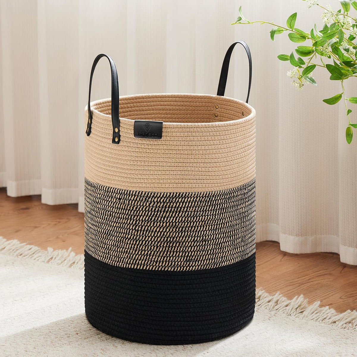VIPOSCO Tall Laundry Basket, Large Dirty Clothes Hamper with Leather Handle, Woven Rope Storage