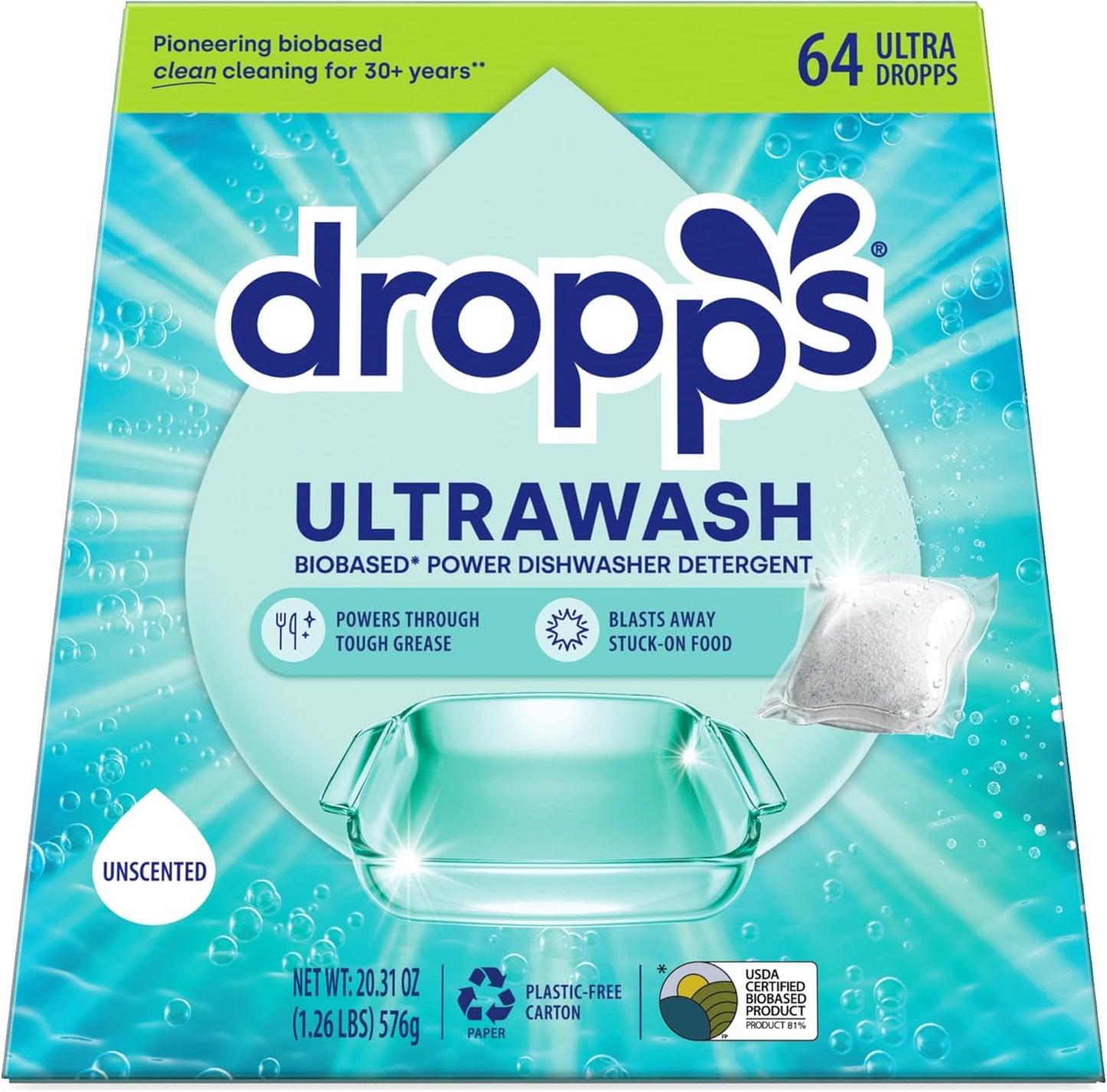Dropps UltraWash Dishwasher Pods, Unscented (64 Count) - Biobased Power Deep Clean Dishwasher