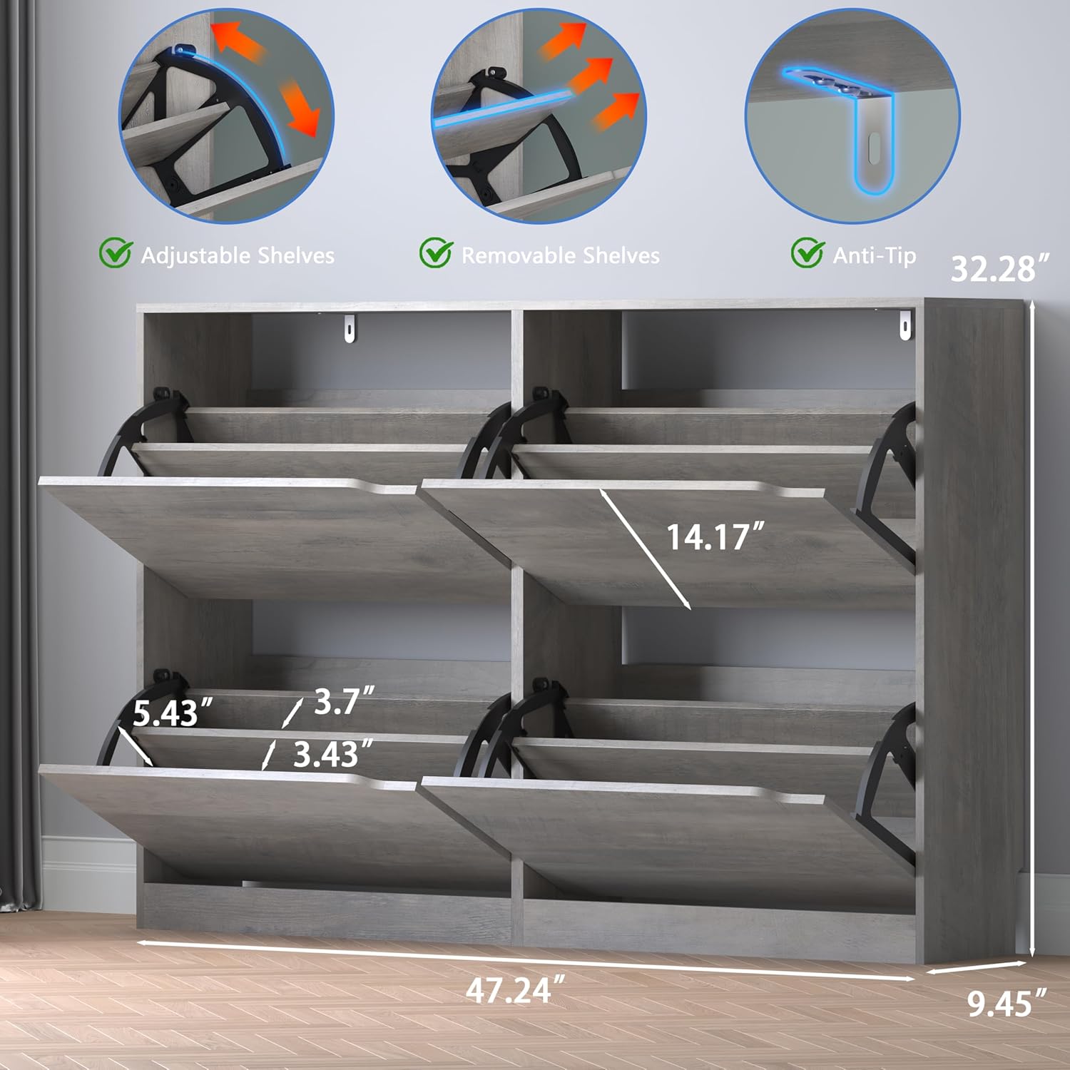 Shoe Cabinet with 4 Flip Drawers, Narrow Hidden Shoe Storage Cabinet, Slim Freestanding Shoe Rack
