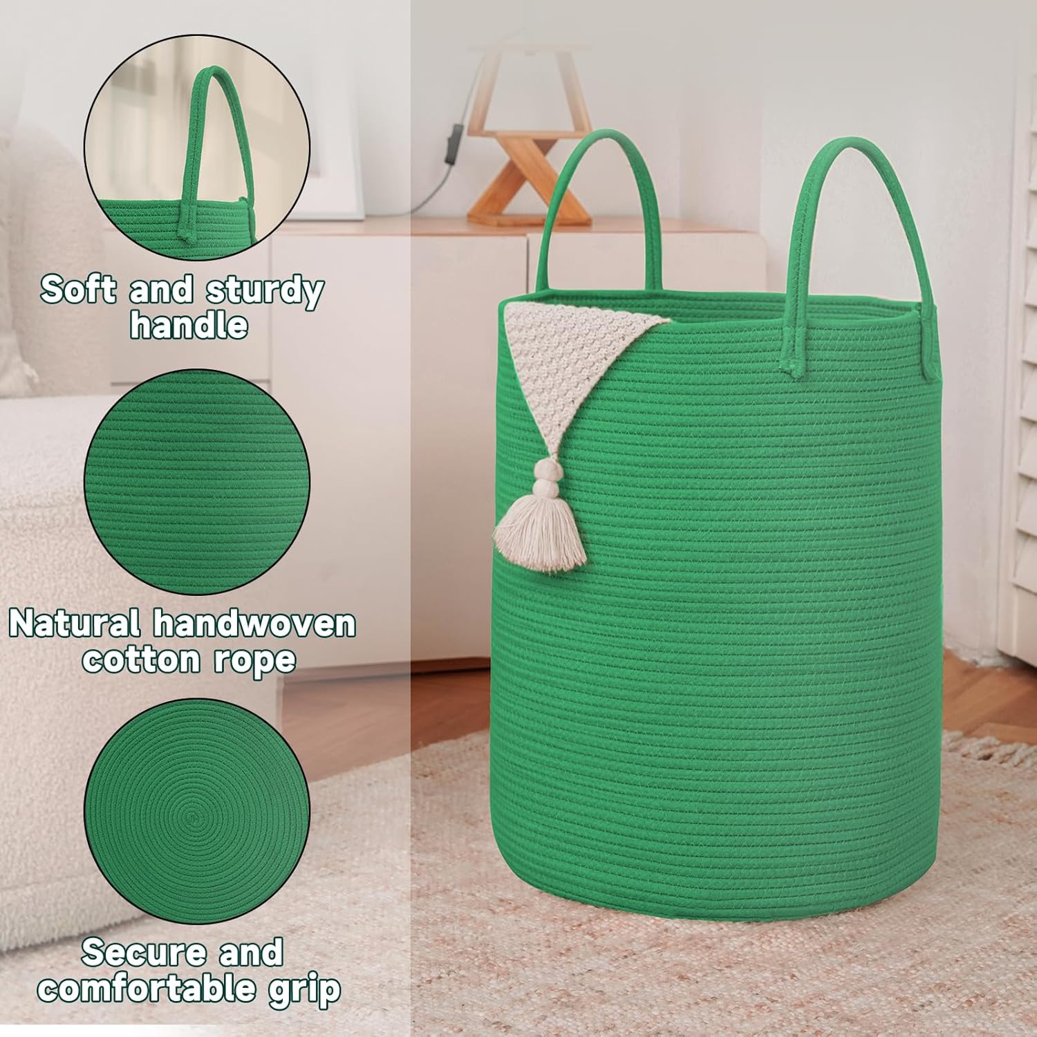 Large Woven Laundry Basket Hamper,60L Cotton Rope Storage Bin for Blankets,Toys and