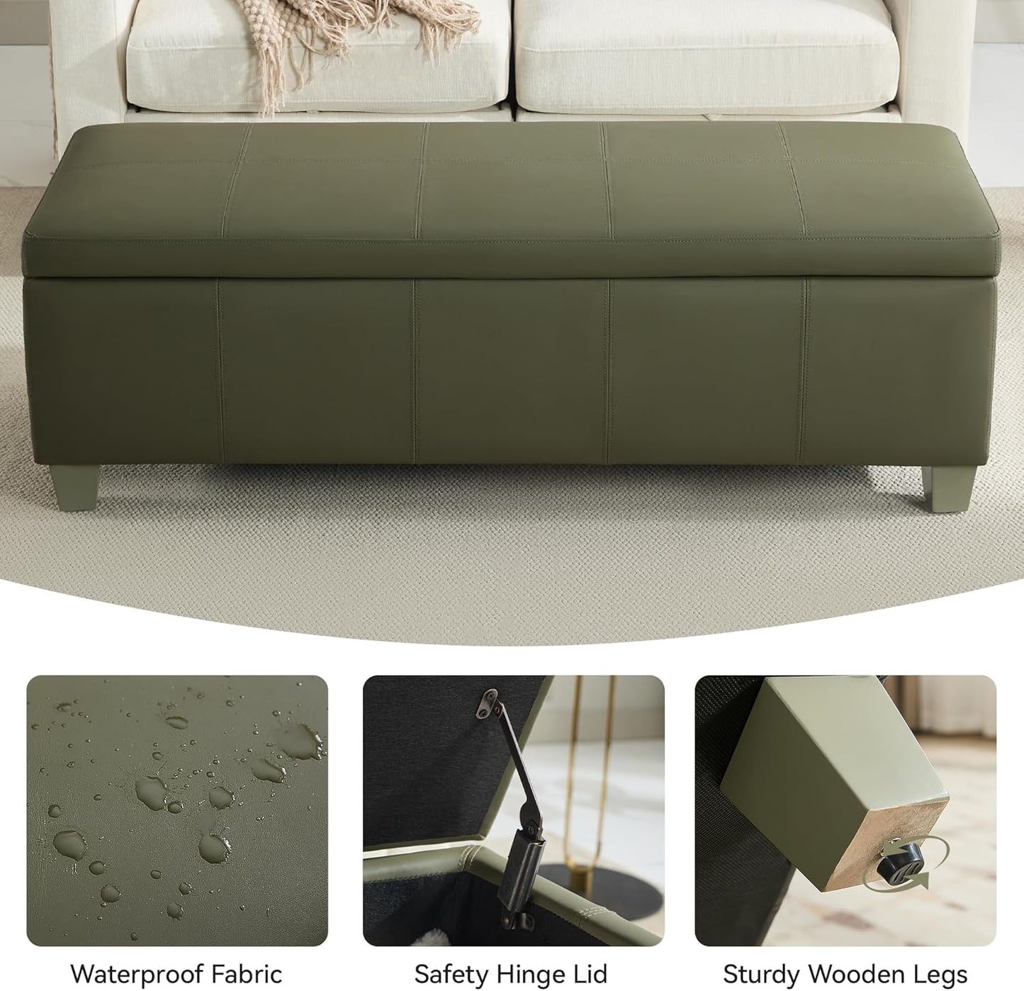51" Faux Leather Storage Ottoman, Stitch Tufted Rectangle Upholstered End of Bed Storage Bench