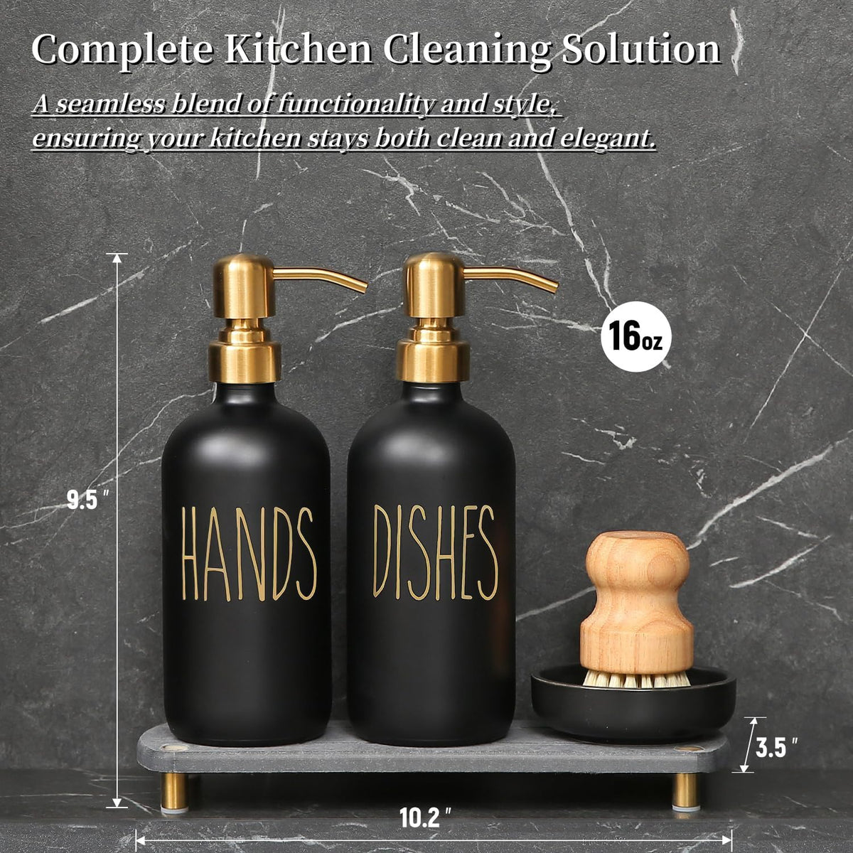 MOMEEMO Soap Dispenser Set Comes with Stainless Pumps, Instant Dry Tray, and Dish Scrub Brush