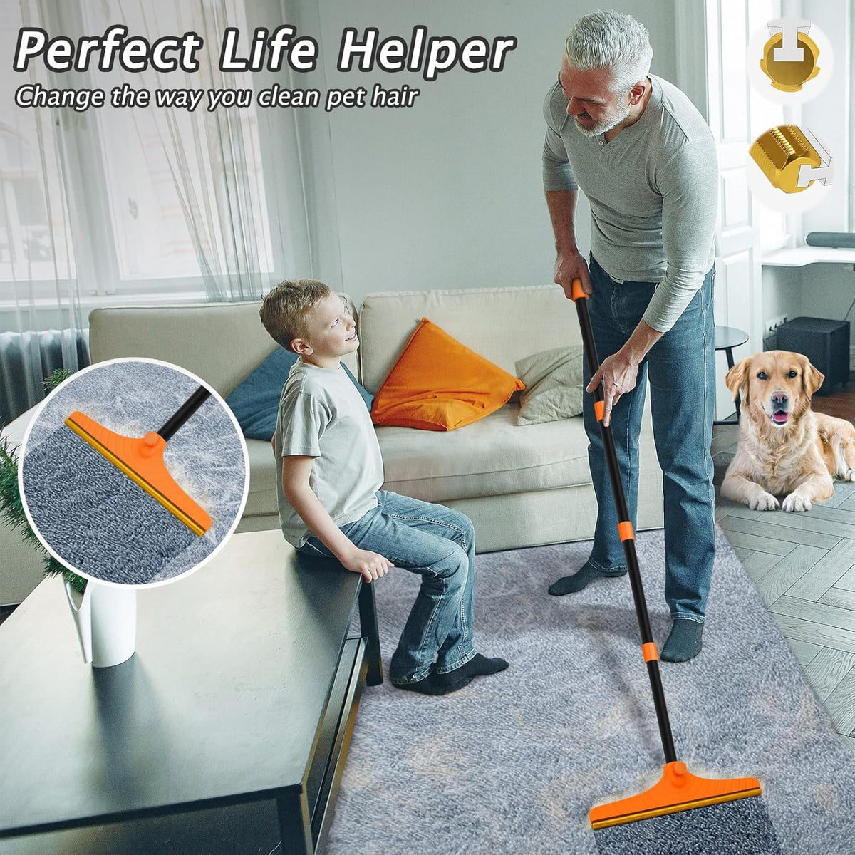 Carpet Rake for Pet Hair Removal - Reusable Pet Hair Remover, 60” Adjustable Long Handle Cat Dog
