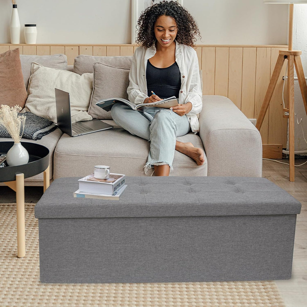 GLAXYFUR 43.3 inches Folding Storage Ottoman Bench Storage Chest Footrest for Bedroom, Entryway and