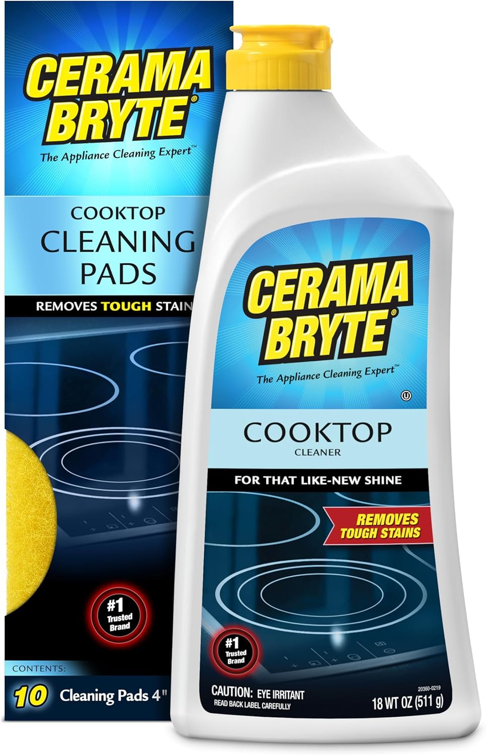 Cerama Bryte Glass Cooktop Cleaner Bundle with 10 Cleaning Pads for Removal of Tough Stains