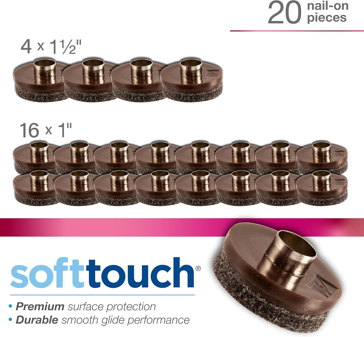 Nail-on, Heavy Duty Felt Pads for Wood Furniture and Hard Surfaces Value Pack (20 piece) - Walnut