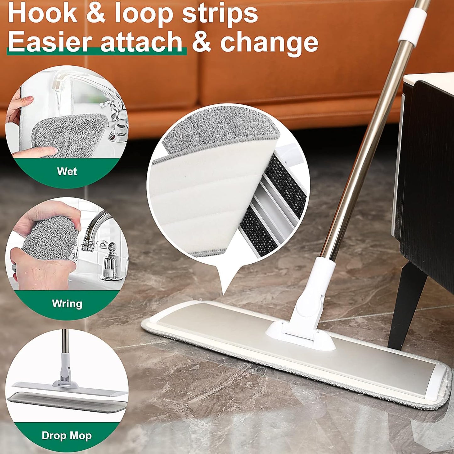 18" Professional Microfiber Mop Floor Cleaning System, Flat Mops with Stainless Steel Handle, 4