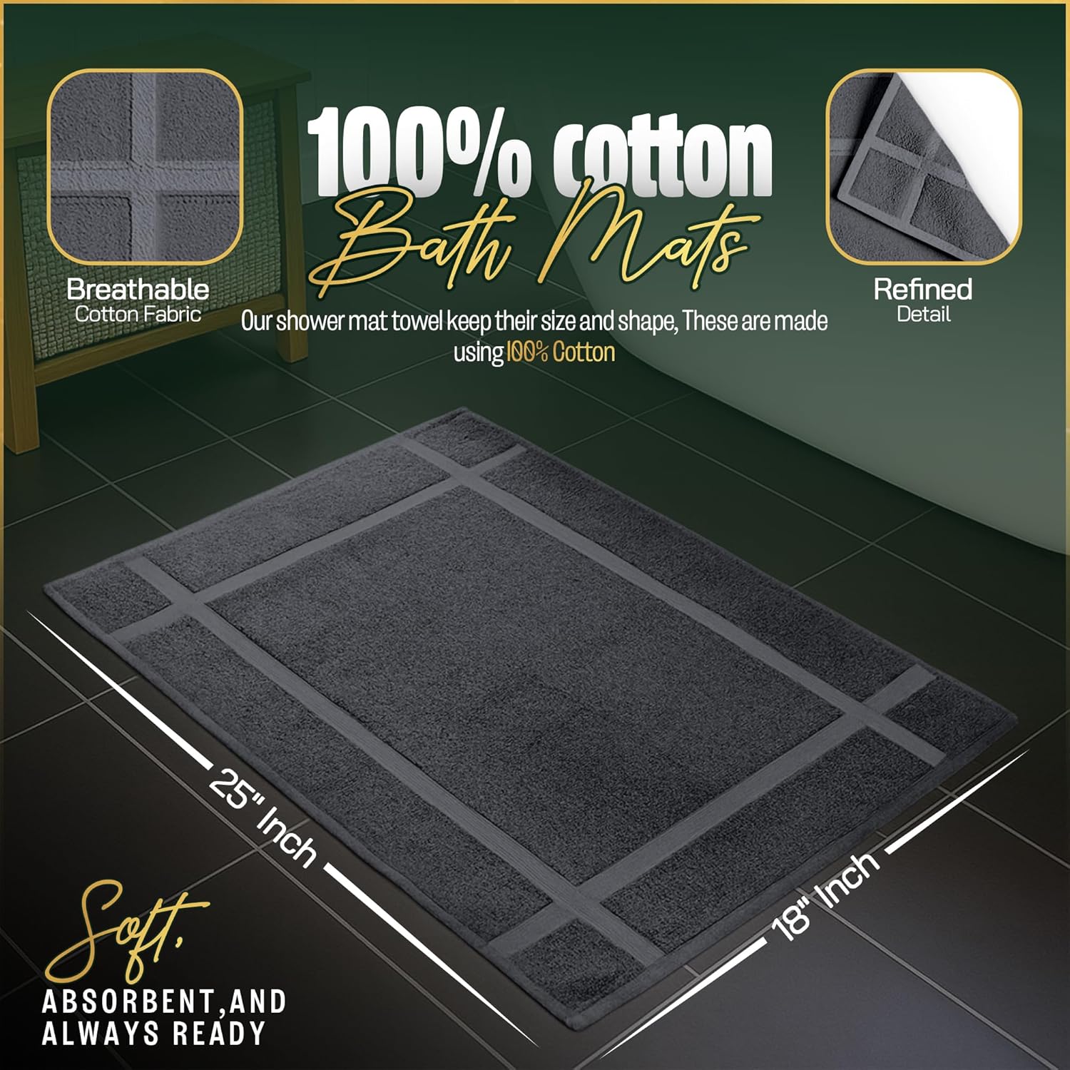 Pearl Linens Pack of 2 Washable Cotton Bath Mat 18x25 - Soft & Absorbent Quick Dry Bathroom Mat